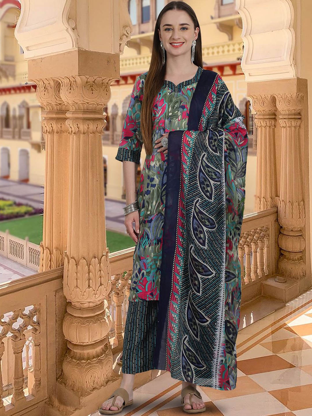

7Threads Floral Printed Pure Cotton Kurta With Trousers & Dupatta, Green
