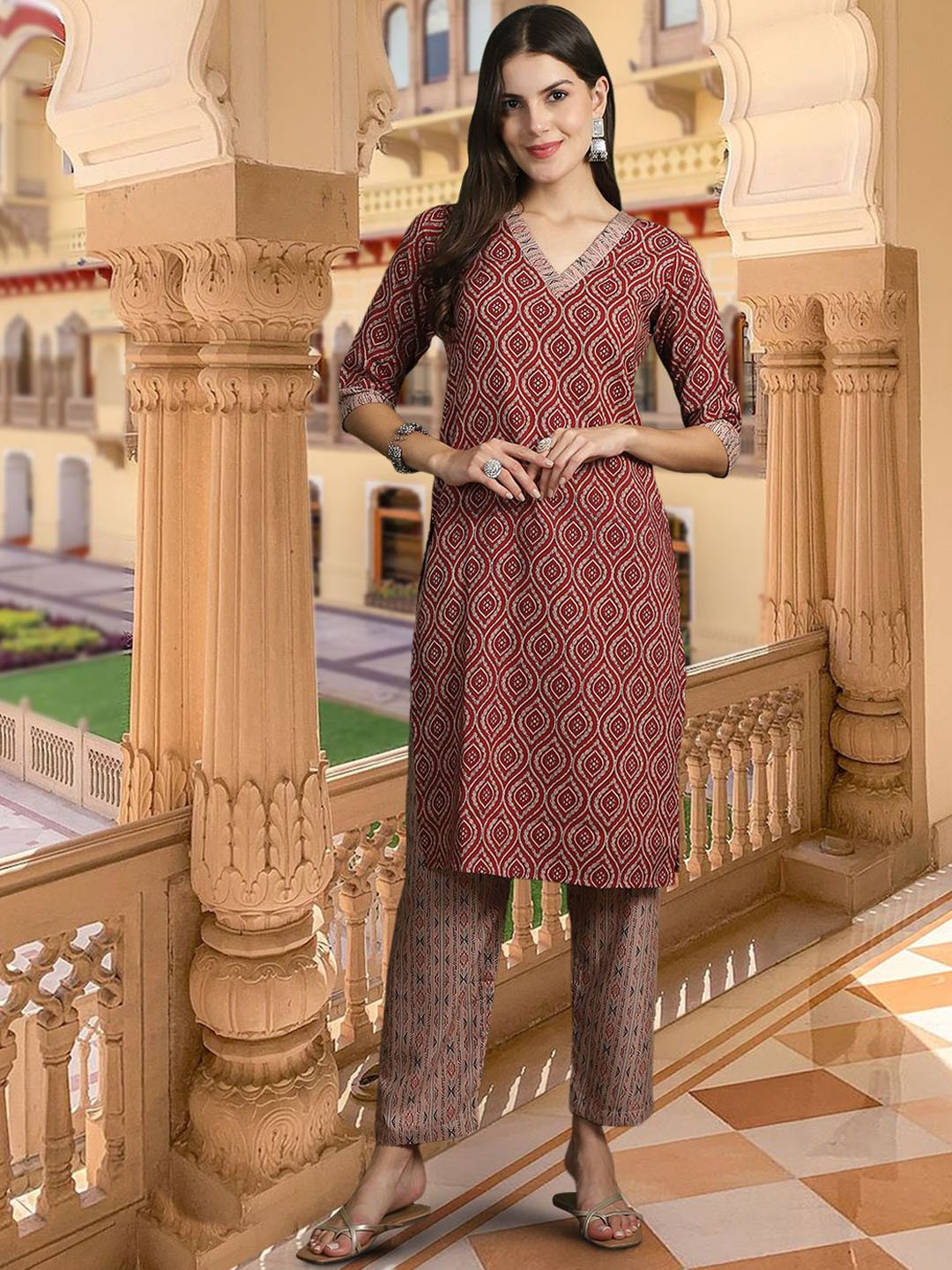 

7Threads Geometric Printed Pure Cotton Straight Kurta With Trousers & Dupatta, Maroon