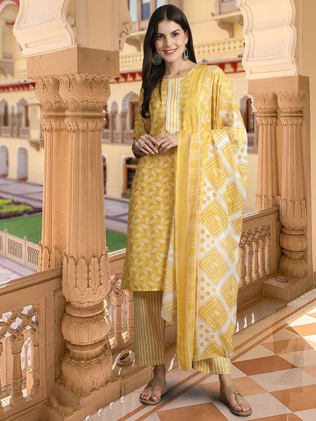 

7Threads Floral Printed Pure Cotton Straight Kurta With Trousers & Dupatta, Yellow