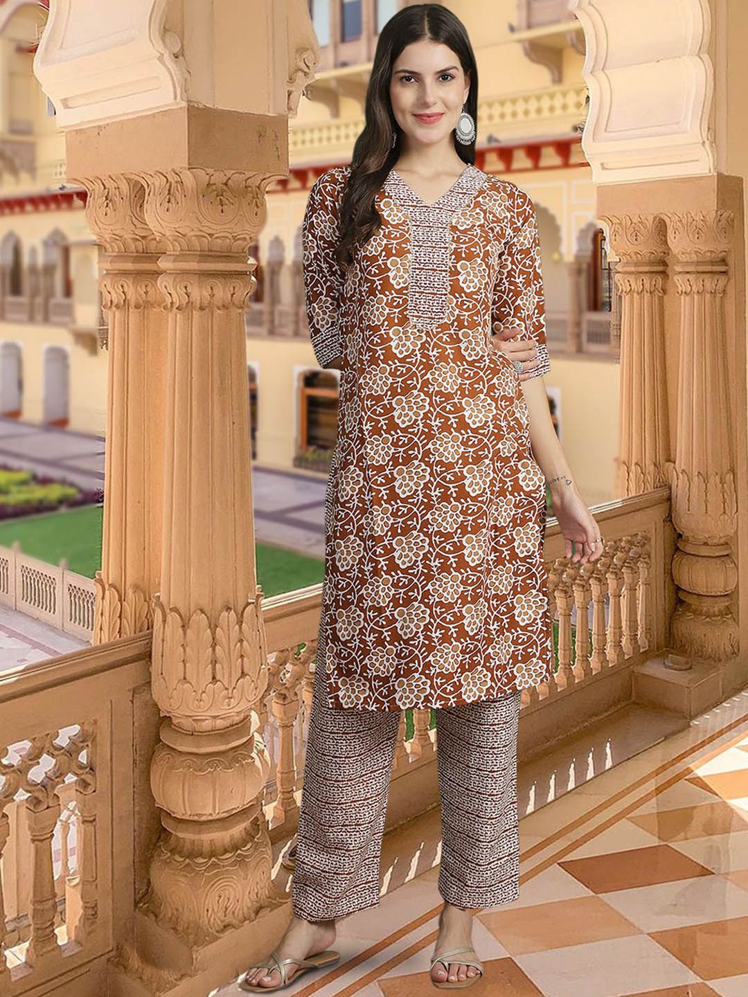 

7Threads Floral Printed Pure Cotton Straight Kurta With Trousers & Dupatta, Rust