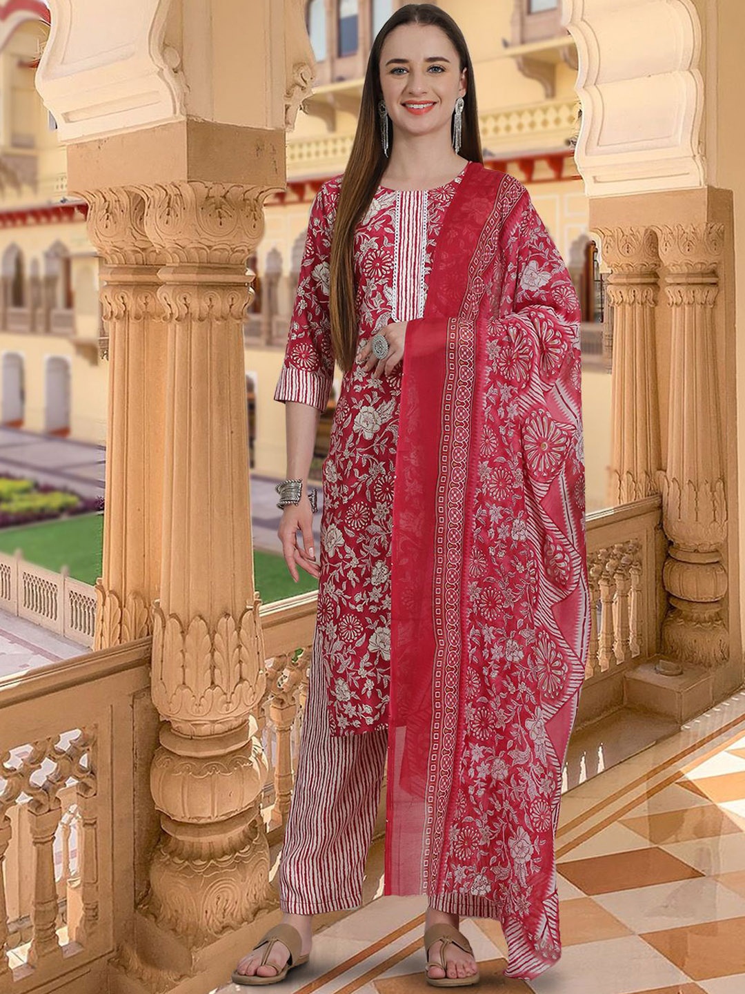 

7Threads Floral Printed Pure Cotton Straight Kurta With Trousers & Dupatta, Pink