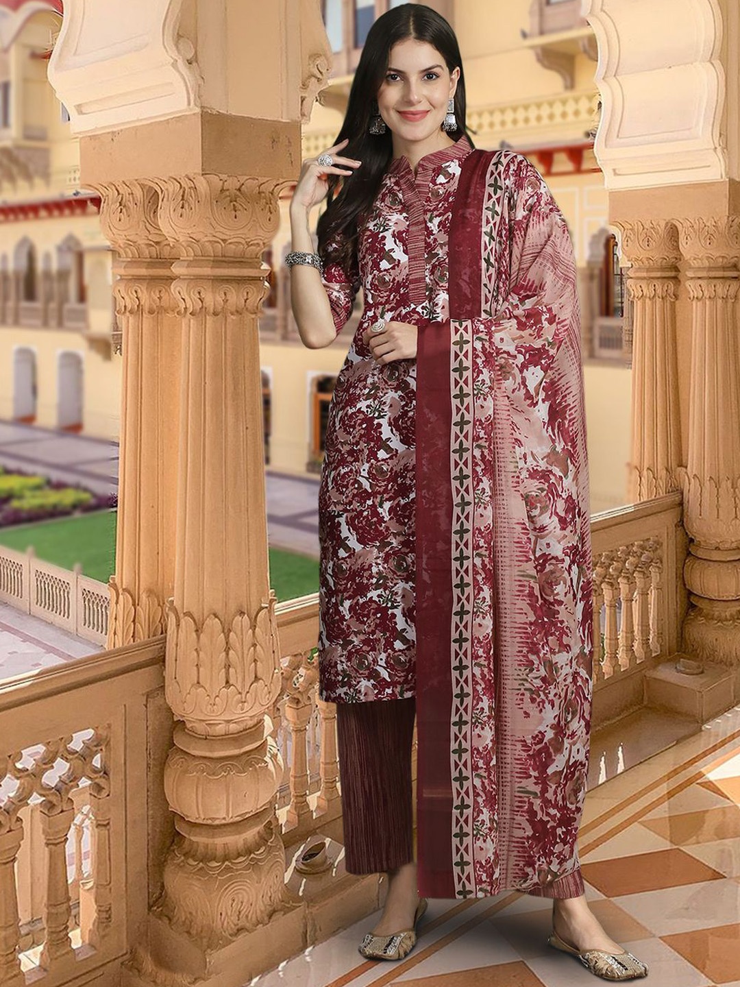 

7Threads Floral Printed Regular Pure Cotton Straight Kurta With Trousers & Dupatta, Maroon