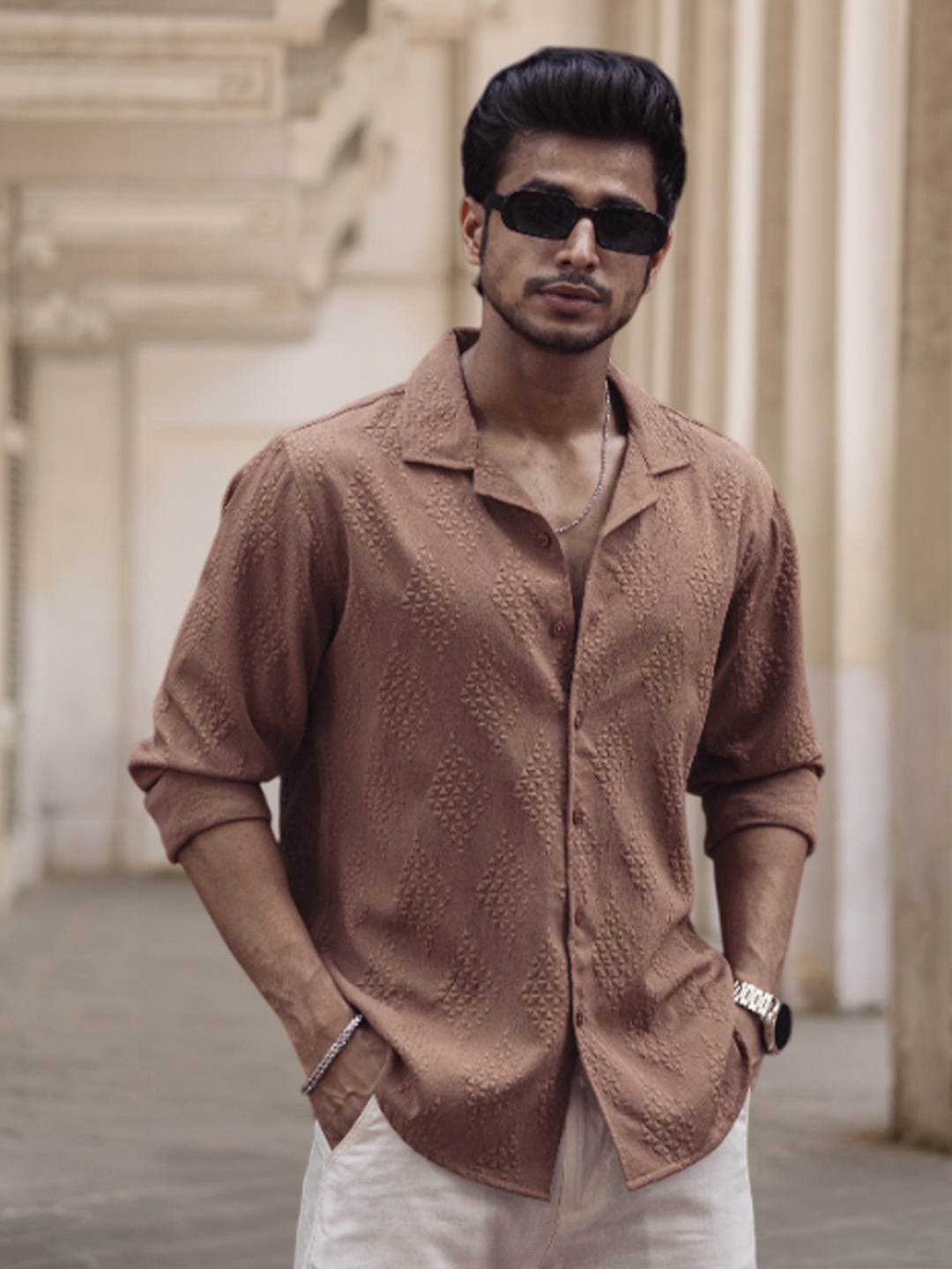 

Powerlook Men Textured Opaque Regular Shirt, Beige