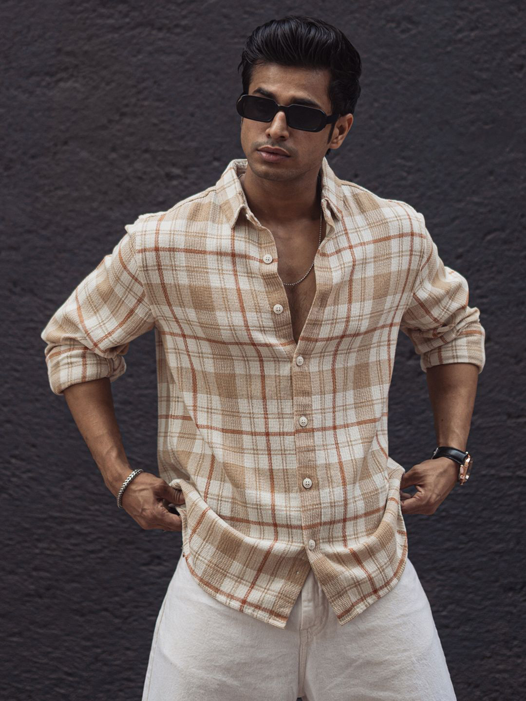 

Powerlook Men Tartan Checks Opaque Checked Casual Shirt, Beige