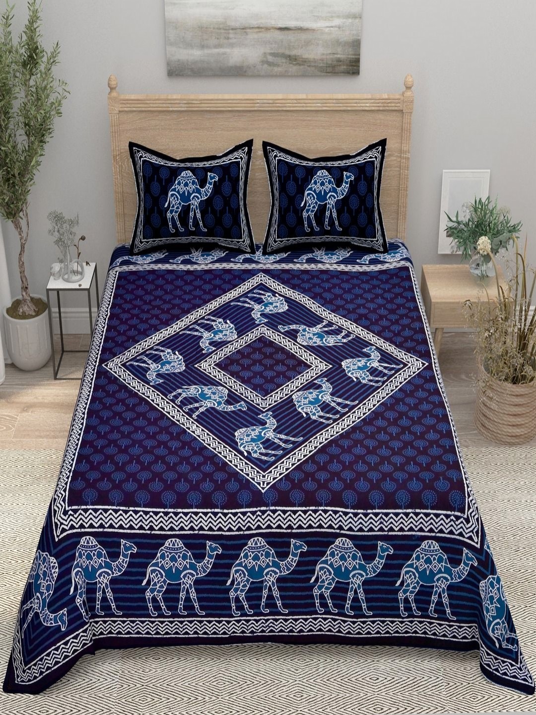 

Bombay Spreads Blue Ethnic Motifs 144 TC Pure Cotton King Bedsheet with 2 Pillow Covers