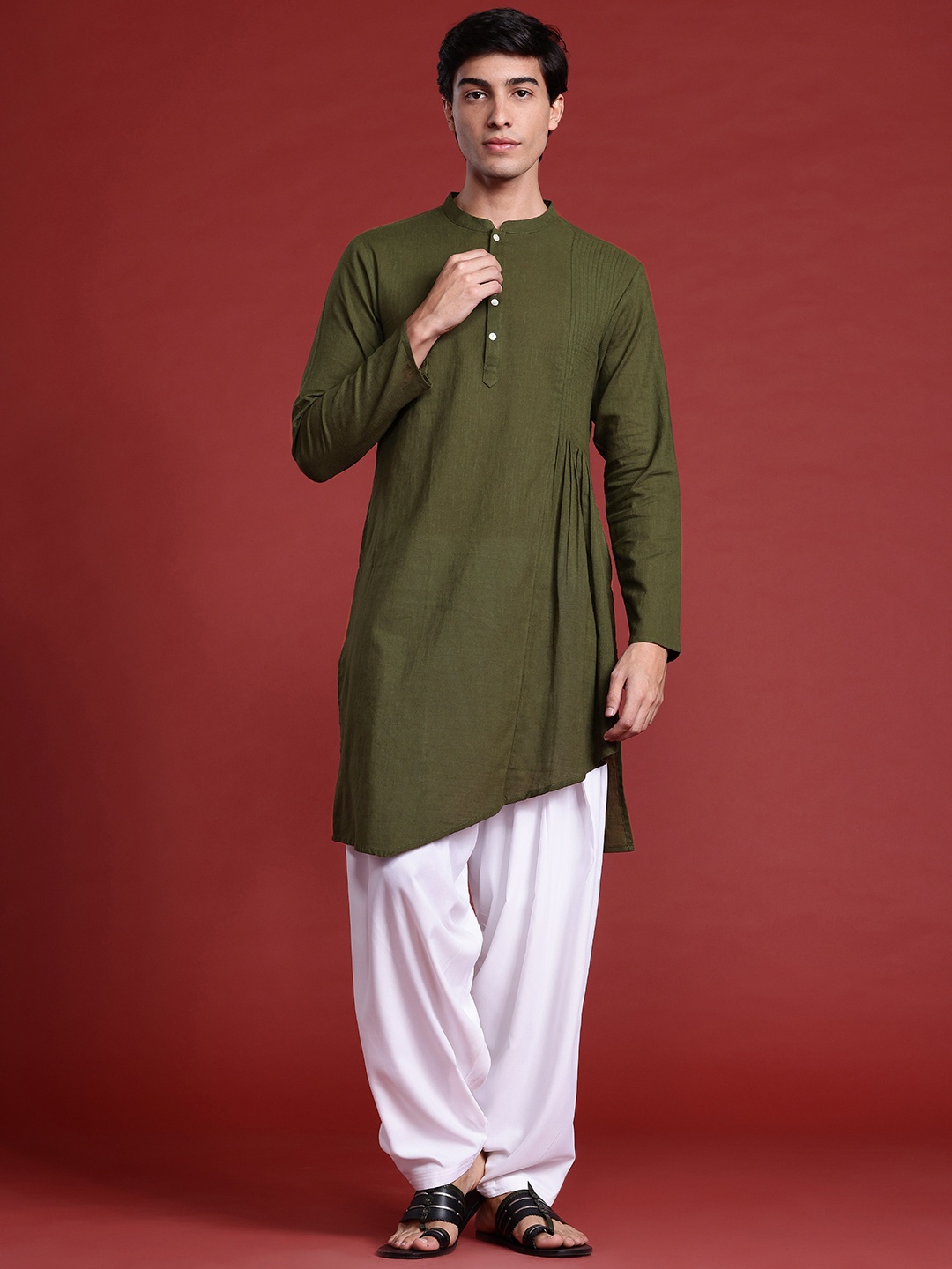 

Anouk Tyohaar Collection Pure Cotton Pleated Asymmetric Kurta, Olive