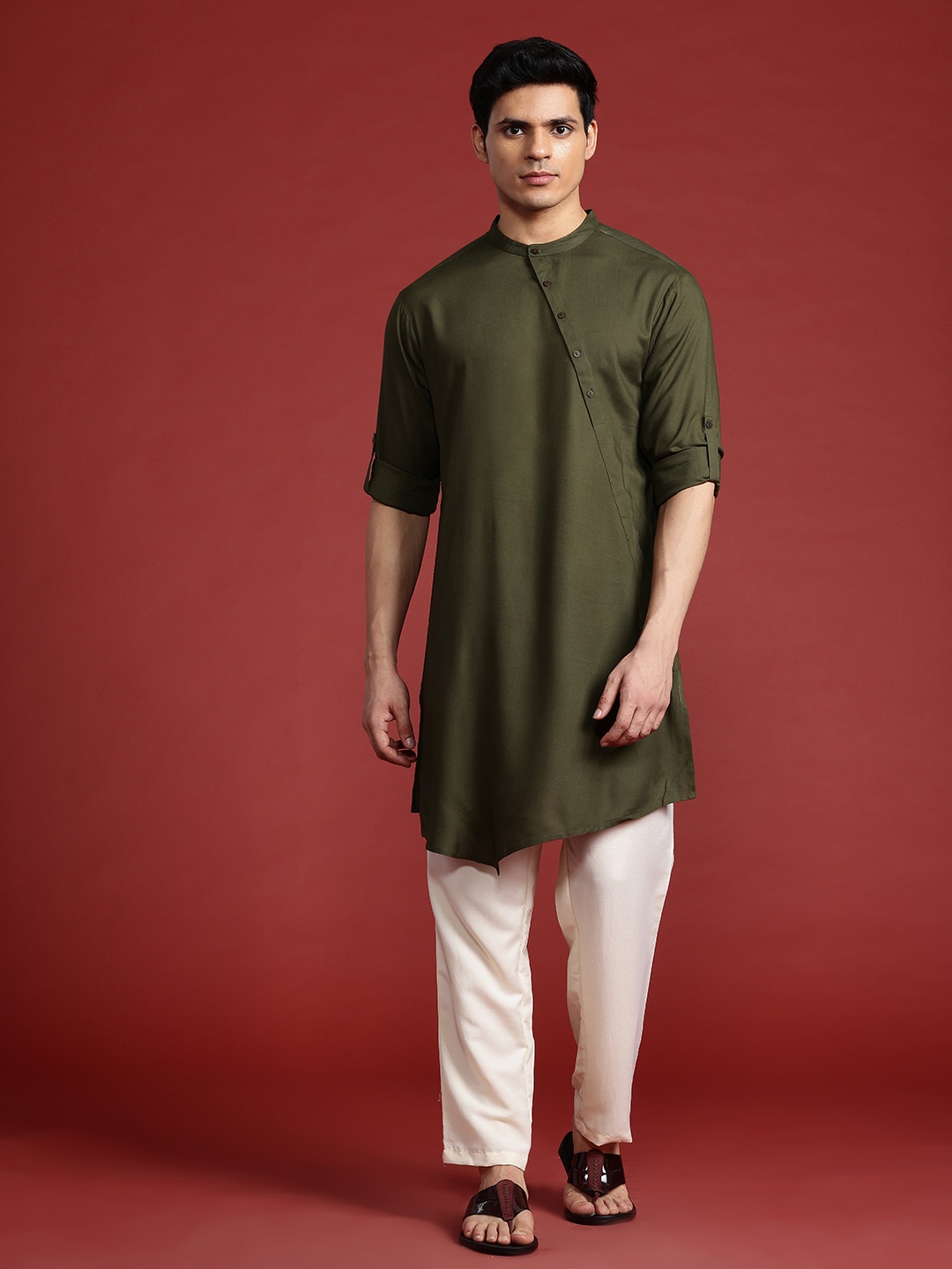 

Anouk Roll-Up Sleeves Asymmetric Kurta, Olive