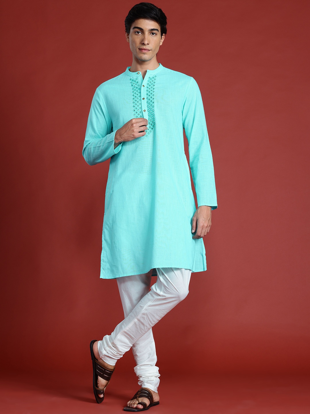 

Anouk Mirror Embellished Pure Cotton Kurta Set, Blue