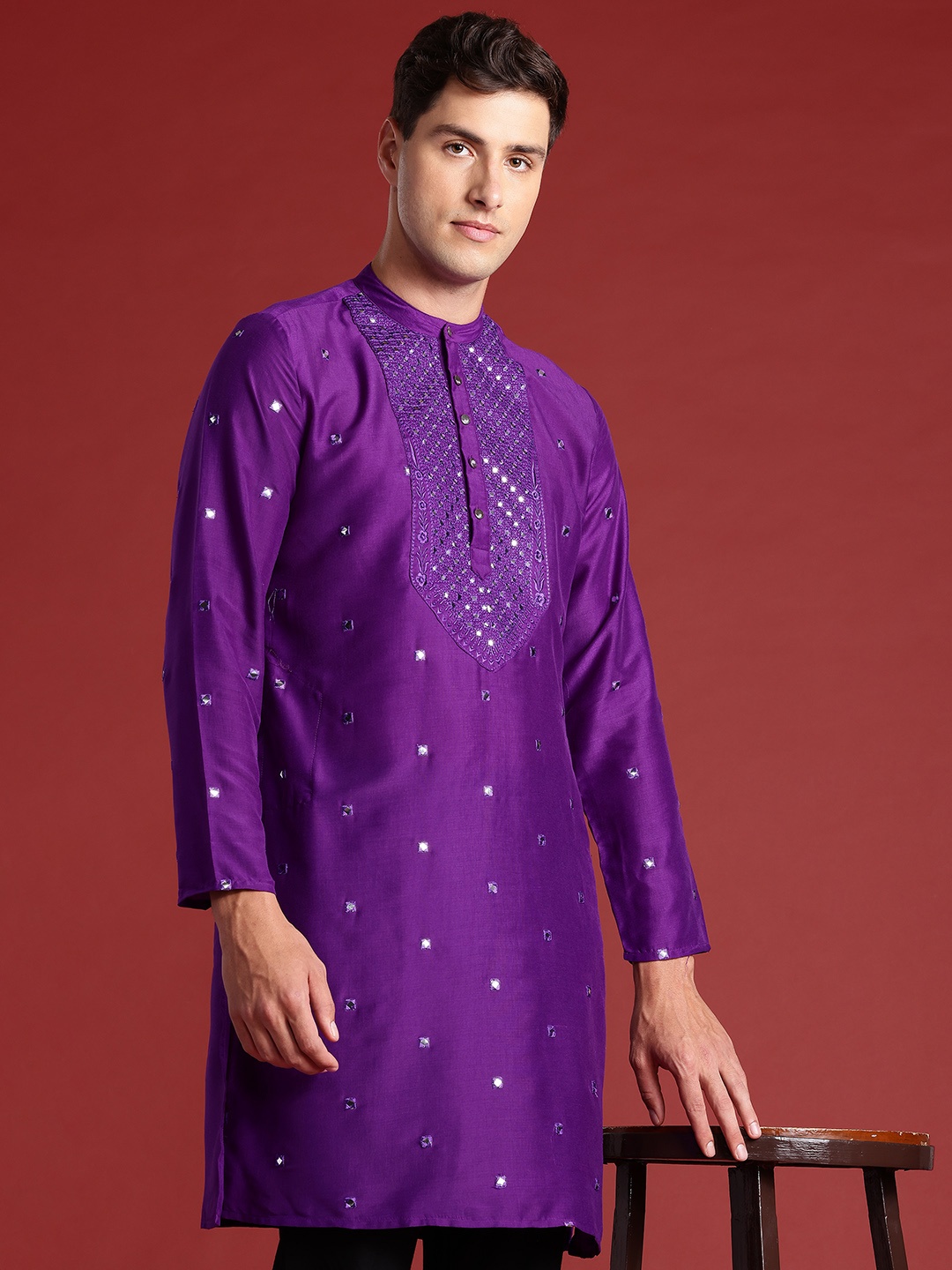 

Anouk Mirror Work Embroidered Kurta with Trousers Set, Purple