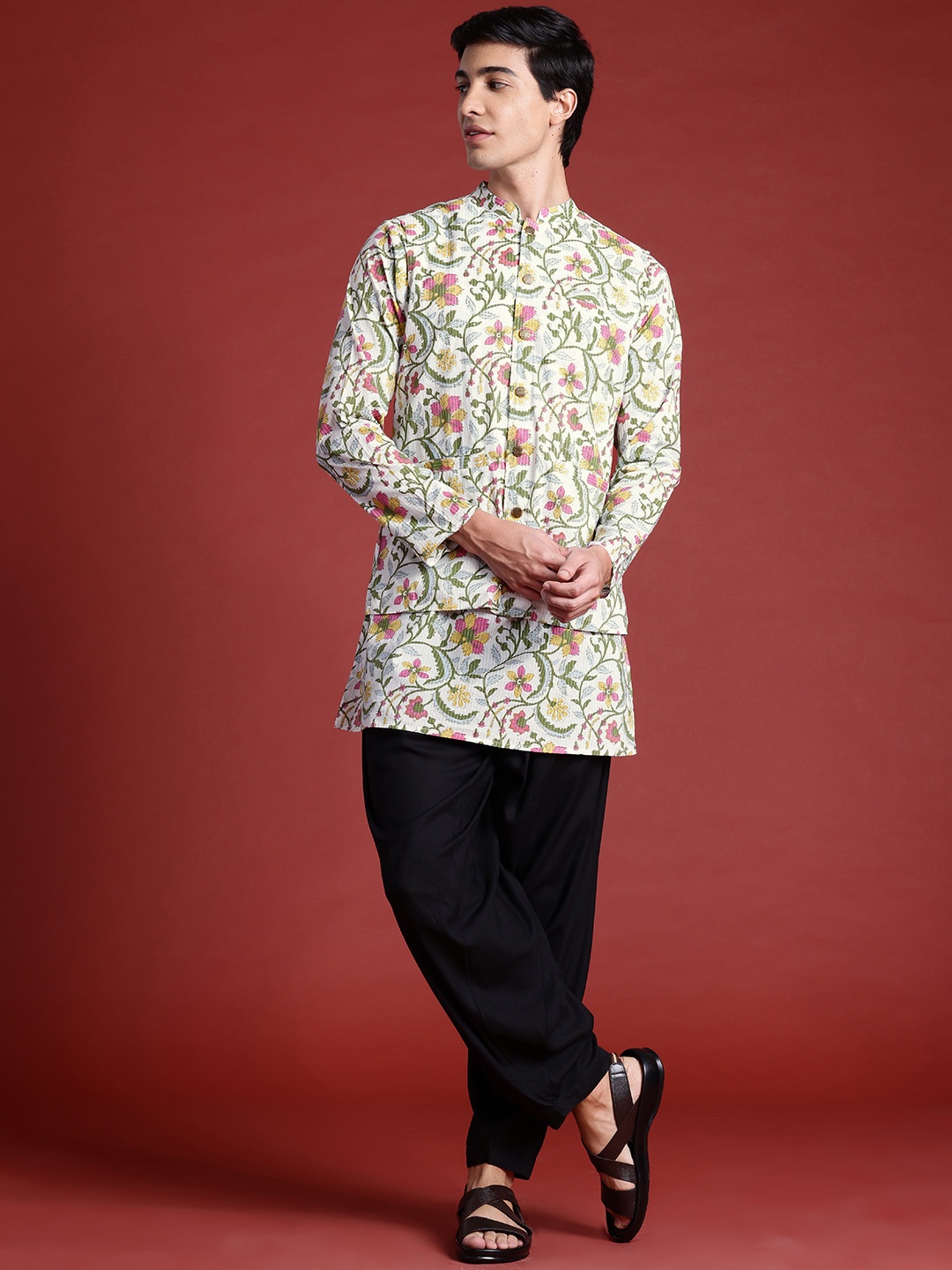 

Anouk Floral Printed Regular Kurta With Dhoti Pants & Nehru Jacket, White