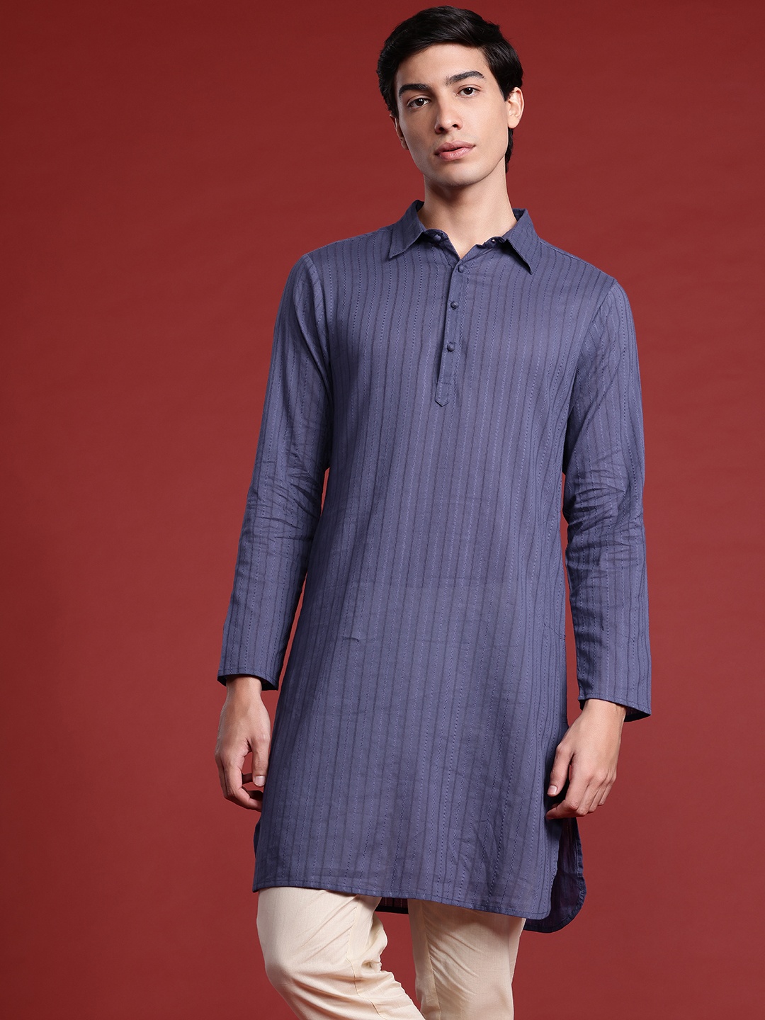 

Anouk Striped Shirt Collar Pure Cotton Kurta, Blue