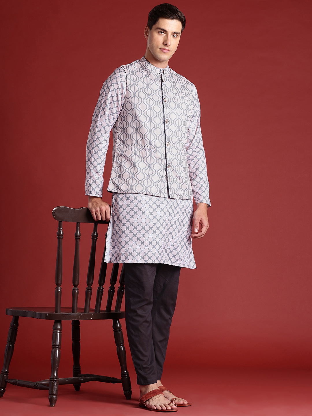 

Geometric Printed Kurta with Trousers And Nehru Jacket Set, Cream