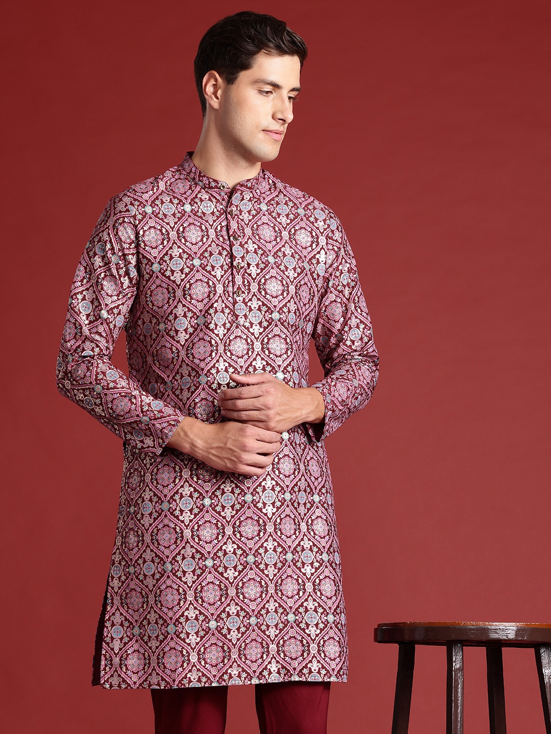 

Anouk Men Ethnic Motifs Printed Regular Kurta with Churidar, Maroon