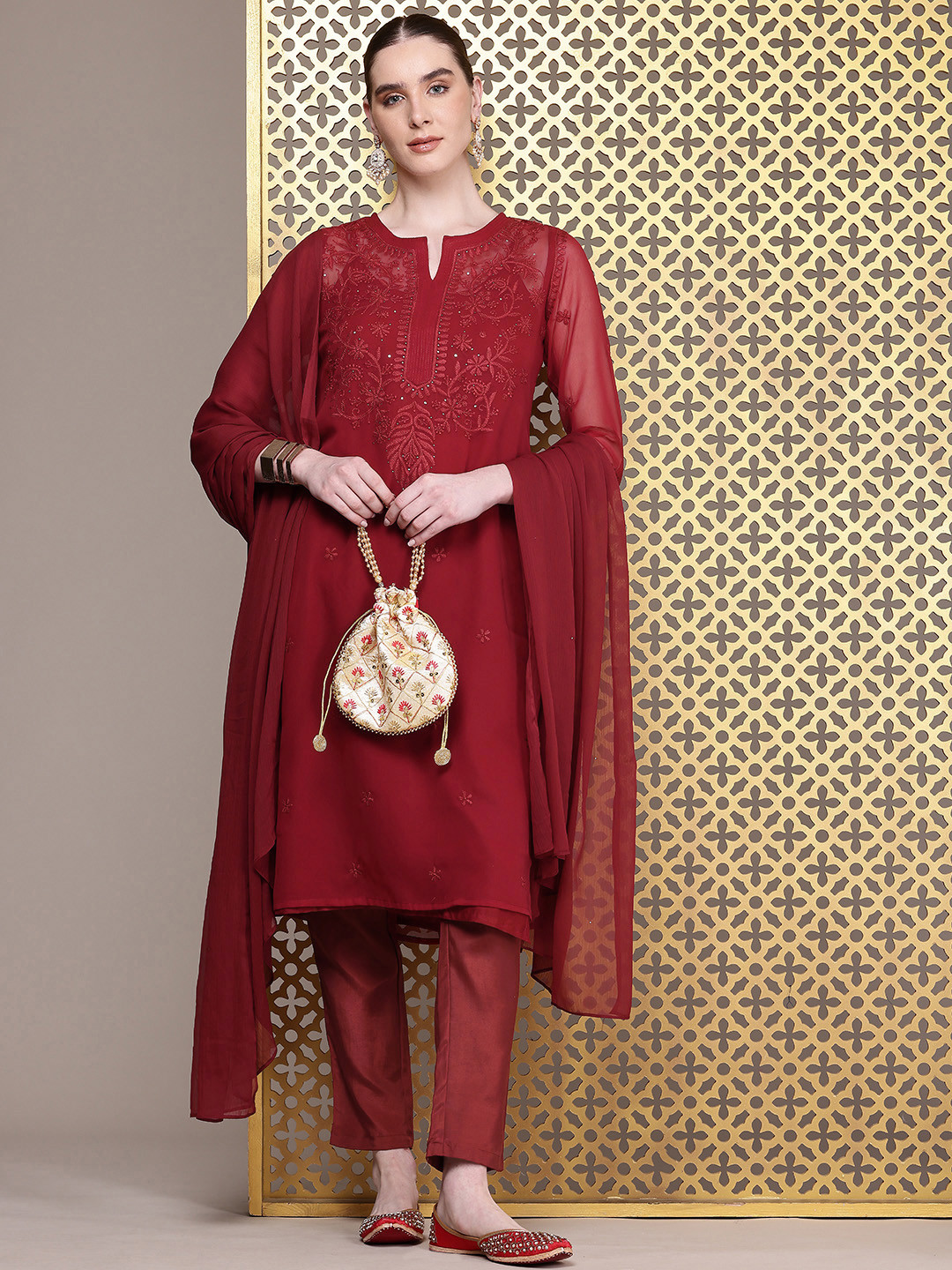 

House of Pataudi Floral Embroidered Regular Chikankari Jashn Kurta with Trousers & Dupatta, Maroon