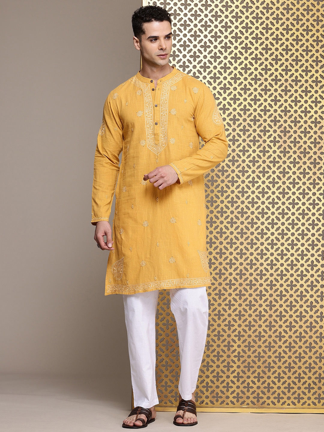 

House of Pataudi Pure Cotton Chikankari Thread Work Jashn Kurta & Trousers, Mustard