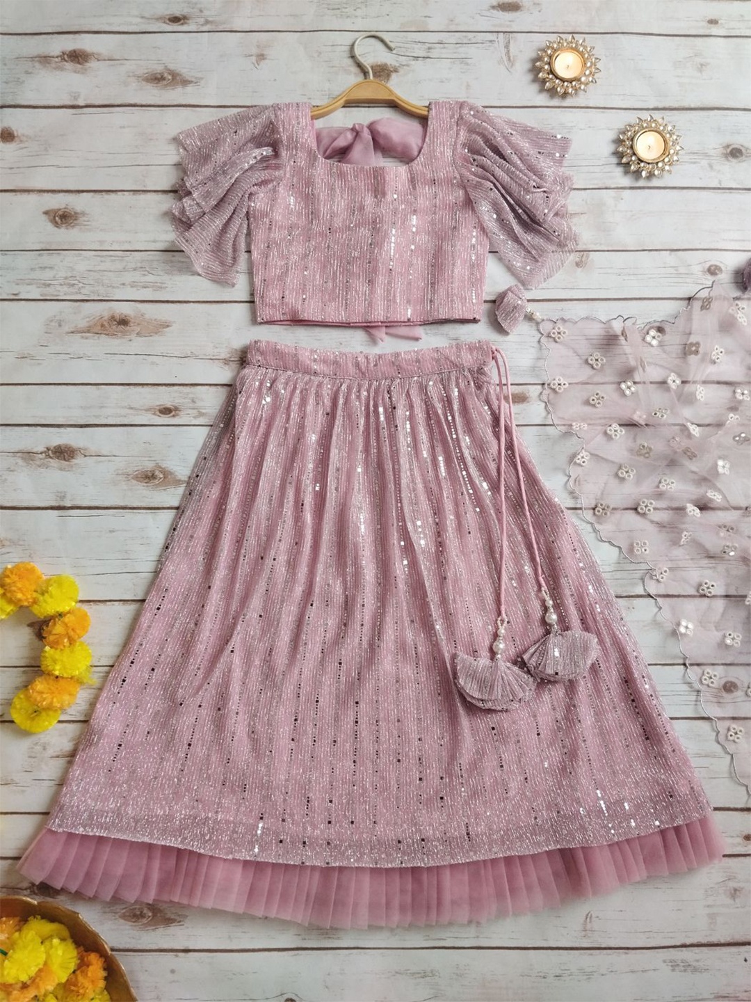 LABEL KANUPRIYA Girls Embellished Mirror Work Ready to Wear Lehenga & Blouse With Dupatta, Pink