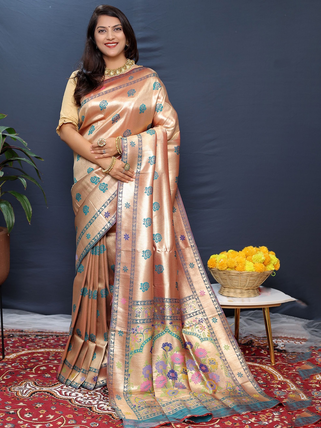 

Royal Rajgharana Saree Woven Design Zari Pure Silk Banarasi Sarees, Rose gold