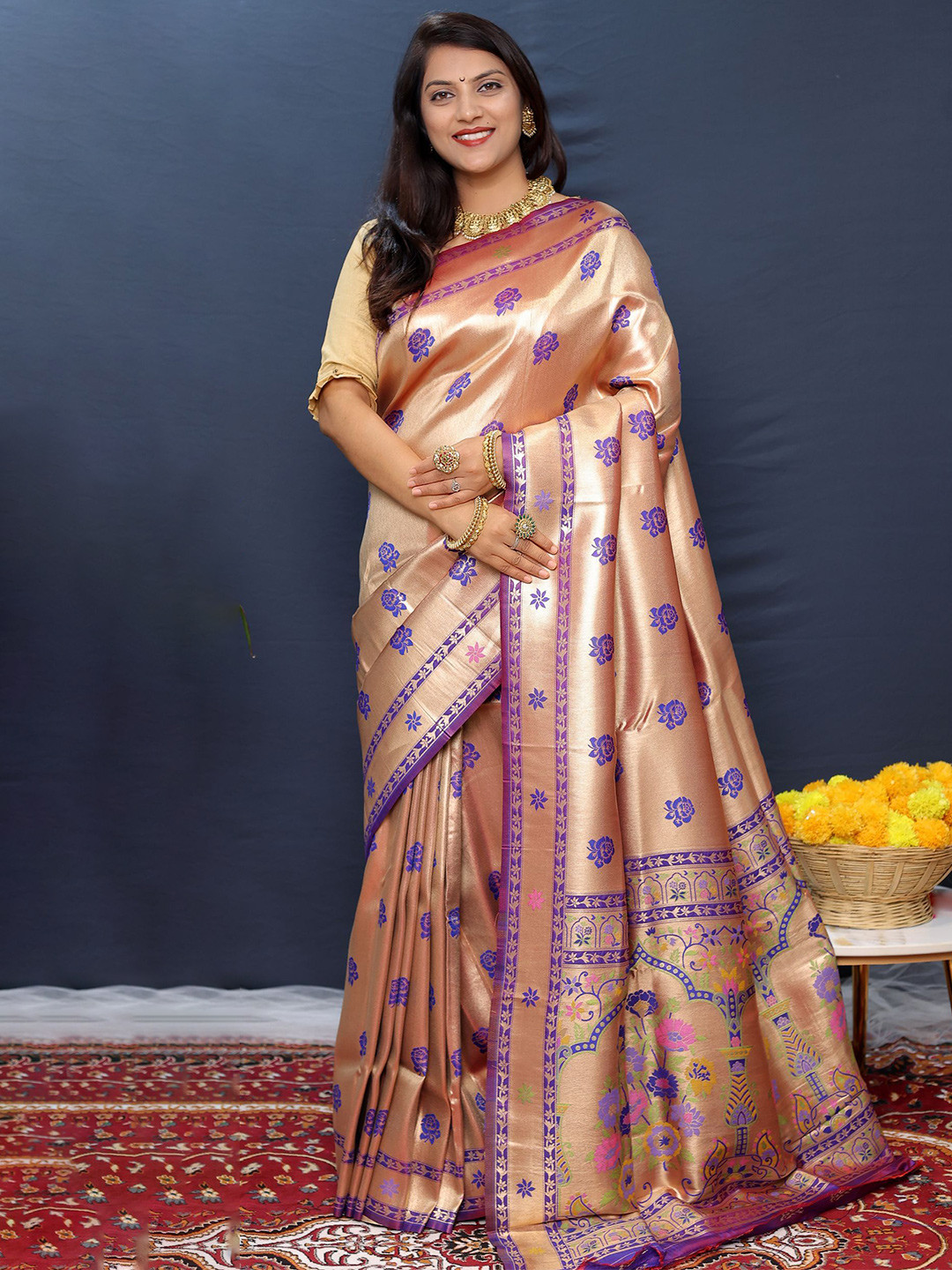 

Royal Rajgharana Saree Woven Design Zari Pure Silk Banarasi Sarees, Rose gold