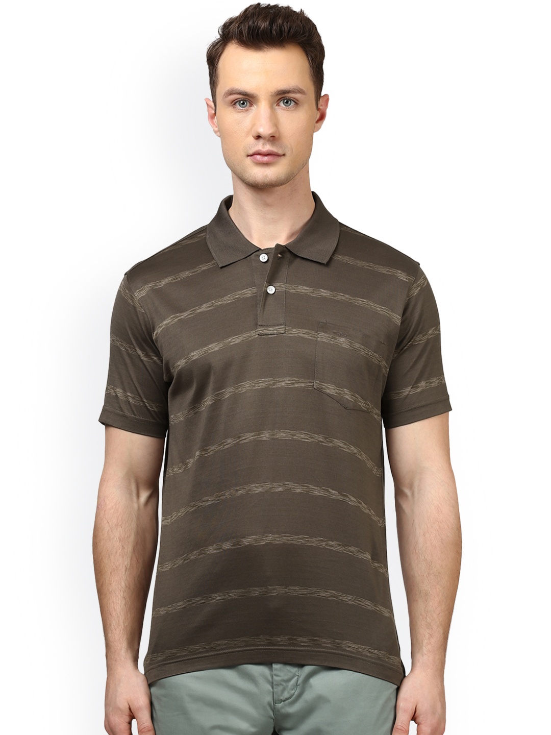 

ColorPlus Men Olive Green Striped Polo Collar T-shirt