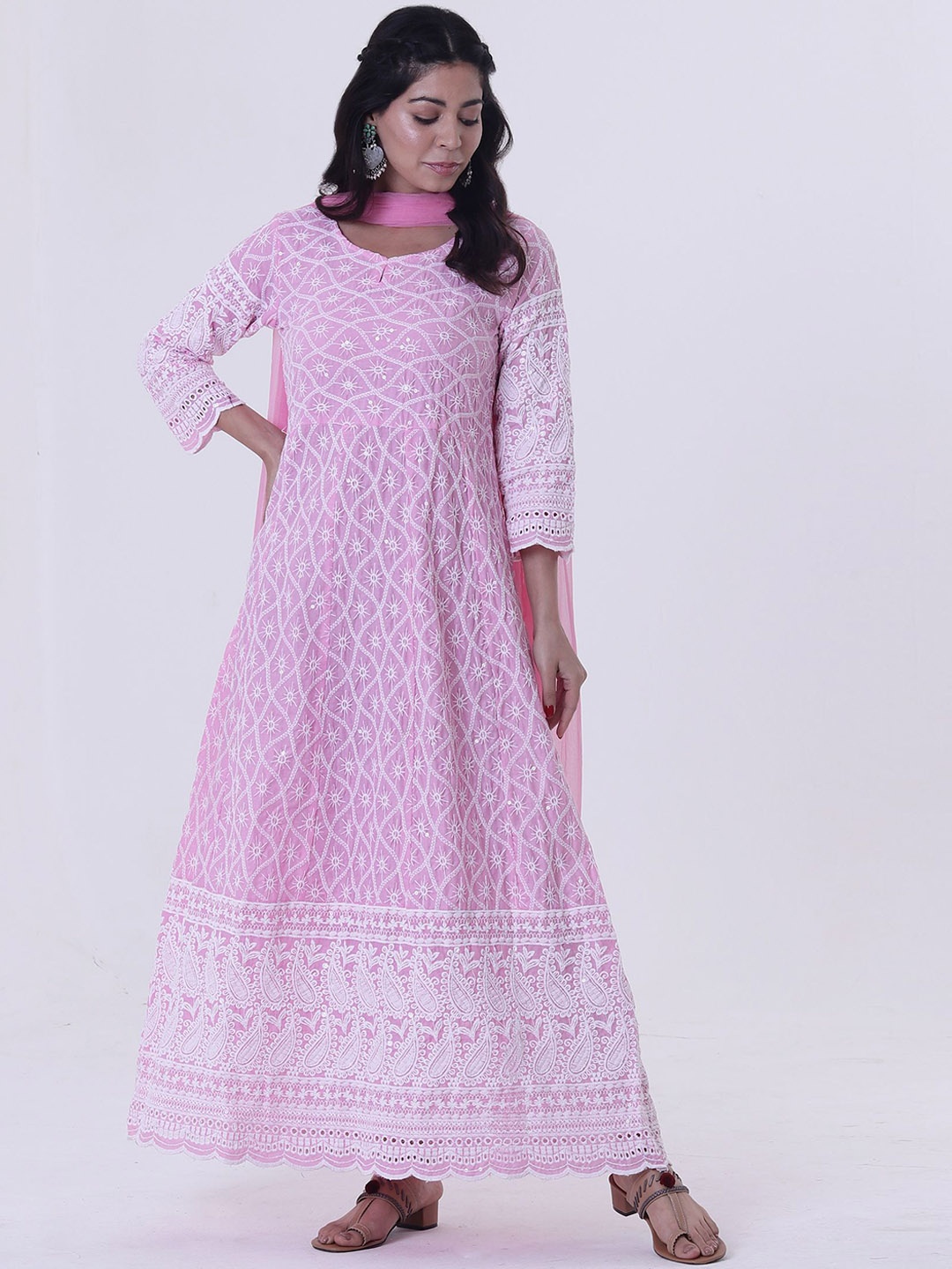 

TJORI Ethnic Motifs Embroidered Chikankari Cotton Anarkali Kurta With Dupatta, Pink