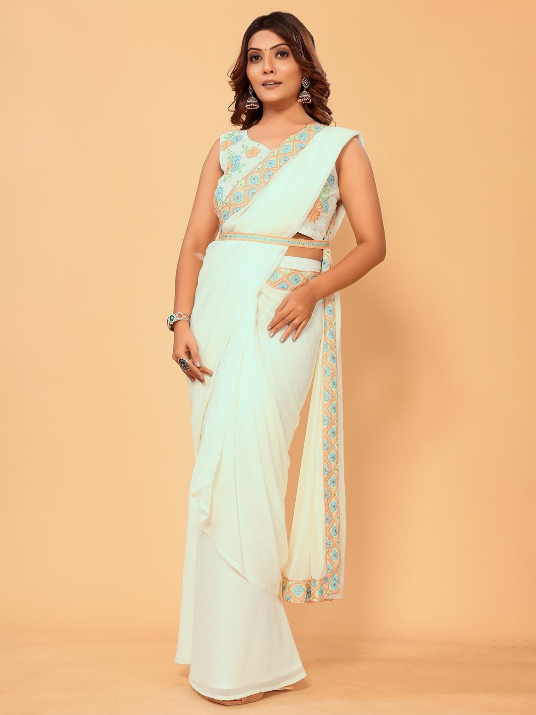 

PATLANI STYLE Georgette Pre-stitched Saree with Embroidery Belt & Stitched blouse, Cream