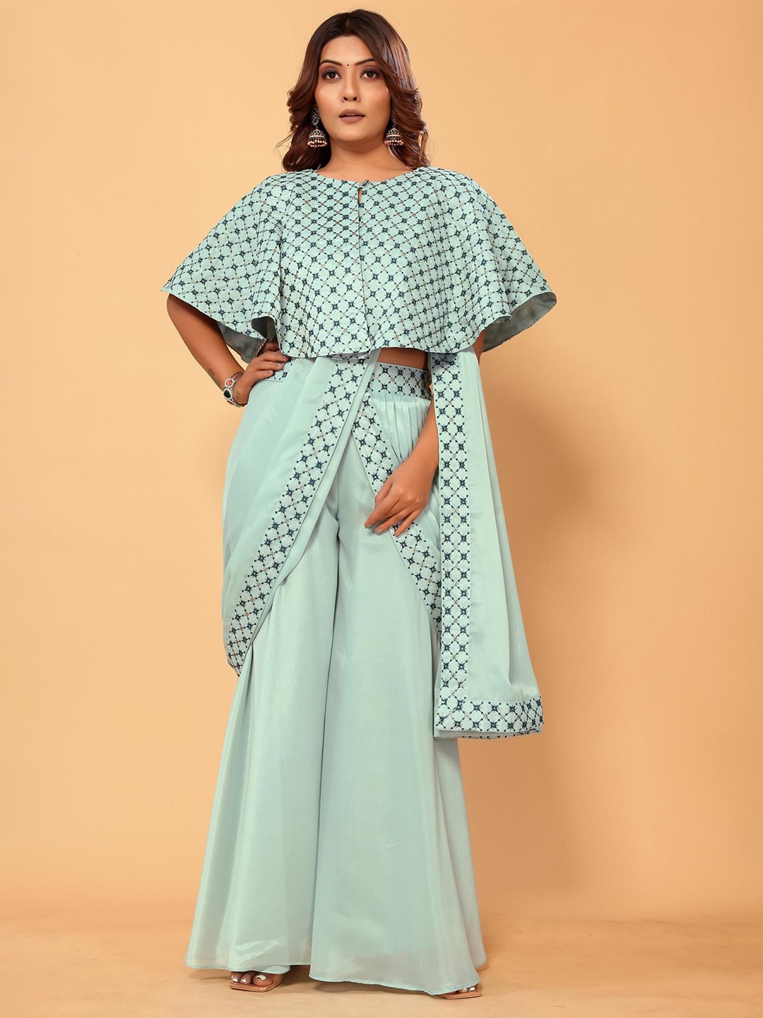 

PATLANI STYLE Style Pre-Draped Palazzo Saree With Stitched Embroidery Jacket & Blouse, Blue