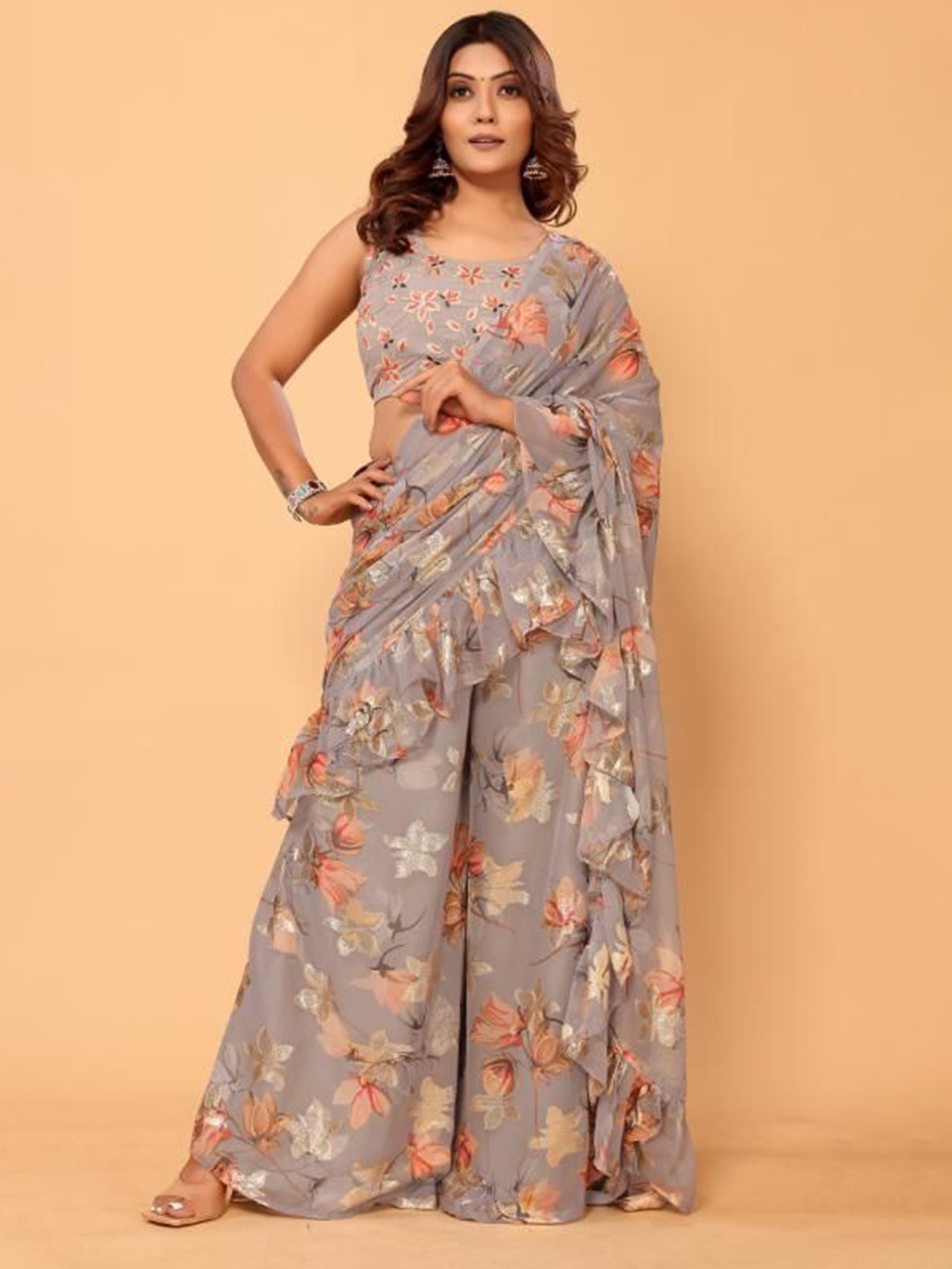 

PATLANI STYLE Style Pre-Draped Palazzo Saree and Stitched Blouse & Belt, Grey