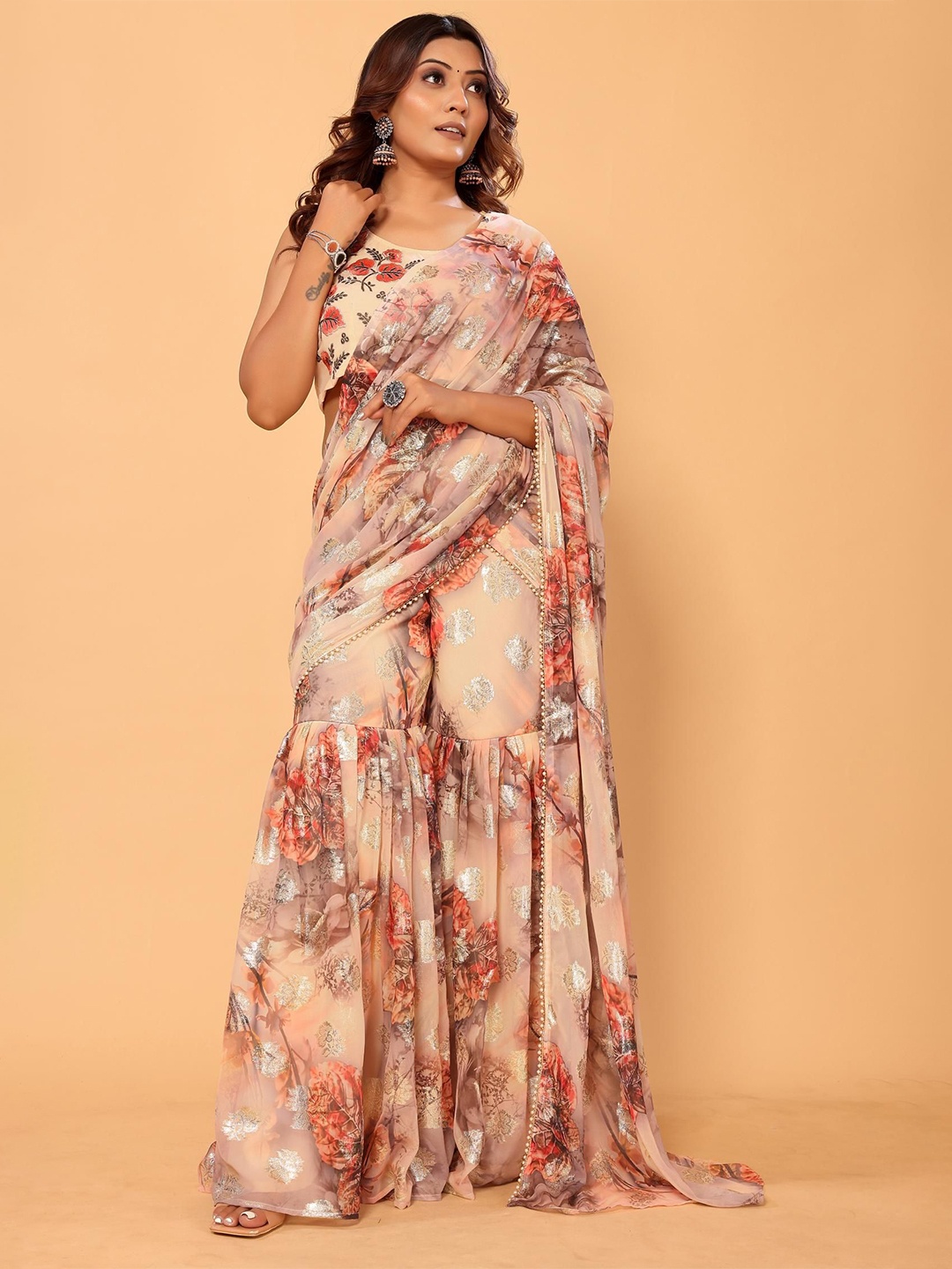 

PATLANI STYLE Ready To Wear Palazzo Saree With Stitched Blouse & Belt, Cream