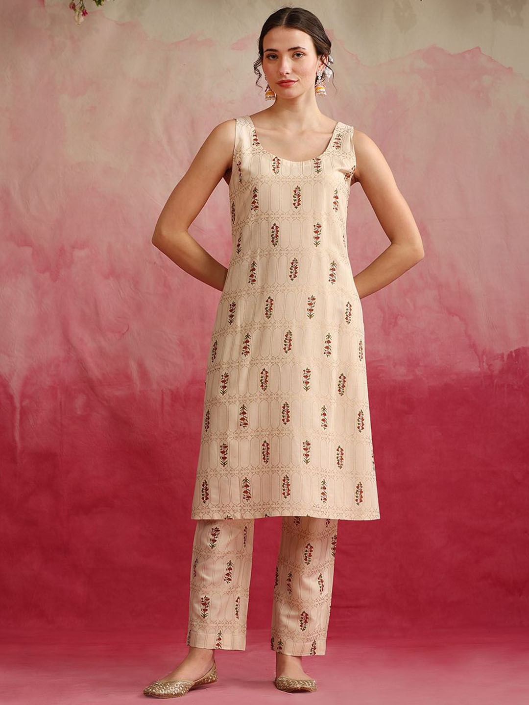 

Khushal K Floral Printed Regular Kurta with Trousers With Jacket, Cream