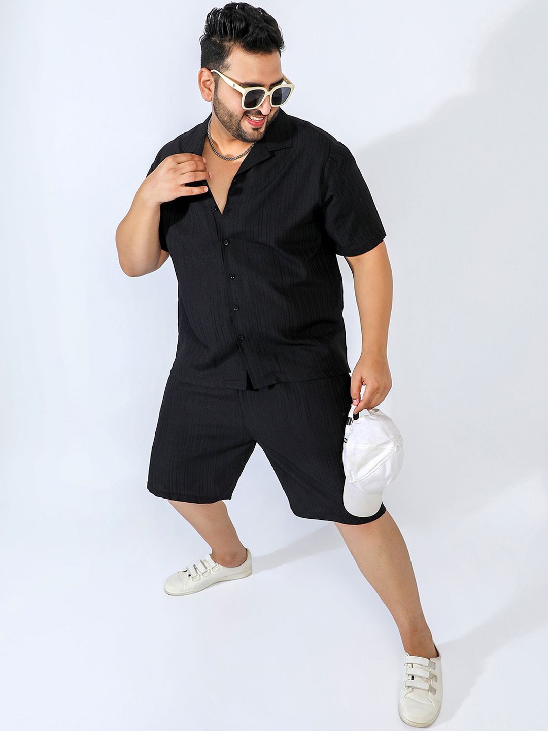 

Instafab Plus Striped Shirt With Shorts, Black