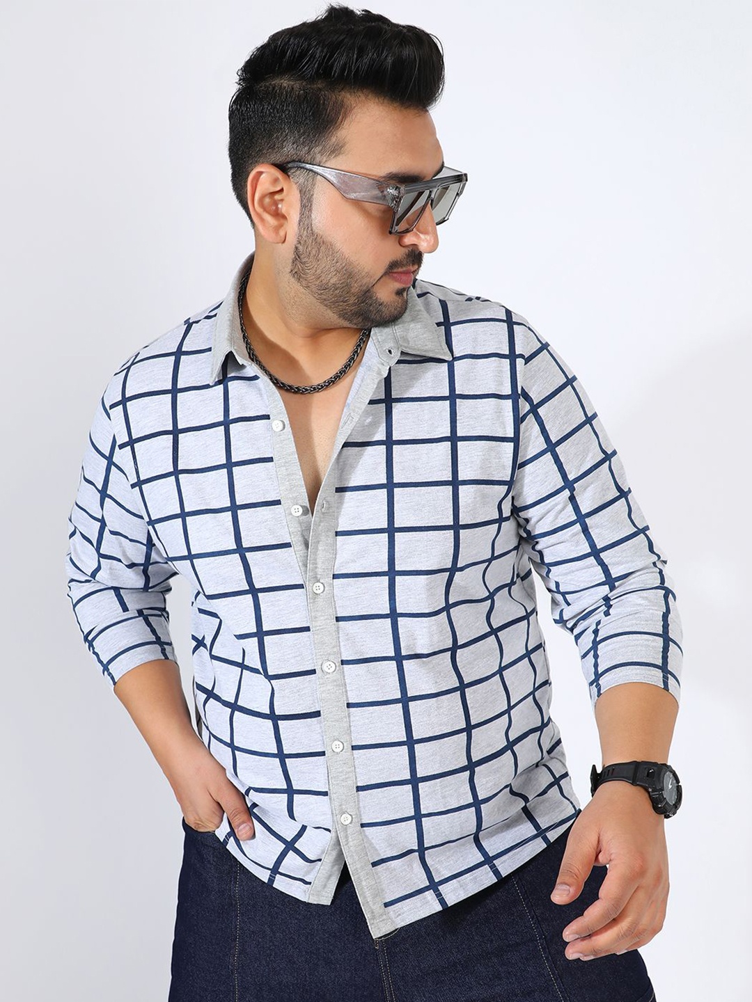 

Instafab Plus Men Plus SIze Comfort Windowpane Checks Checked Casual Shirt, Grey
