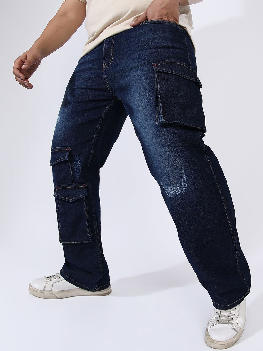 

Instafab Men Plus Size Relaxed Fit Light Fade Low Distress Cargo Style Jeans, Blue