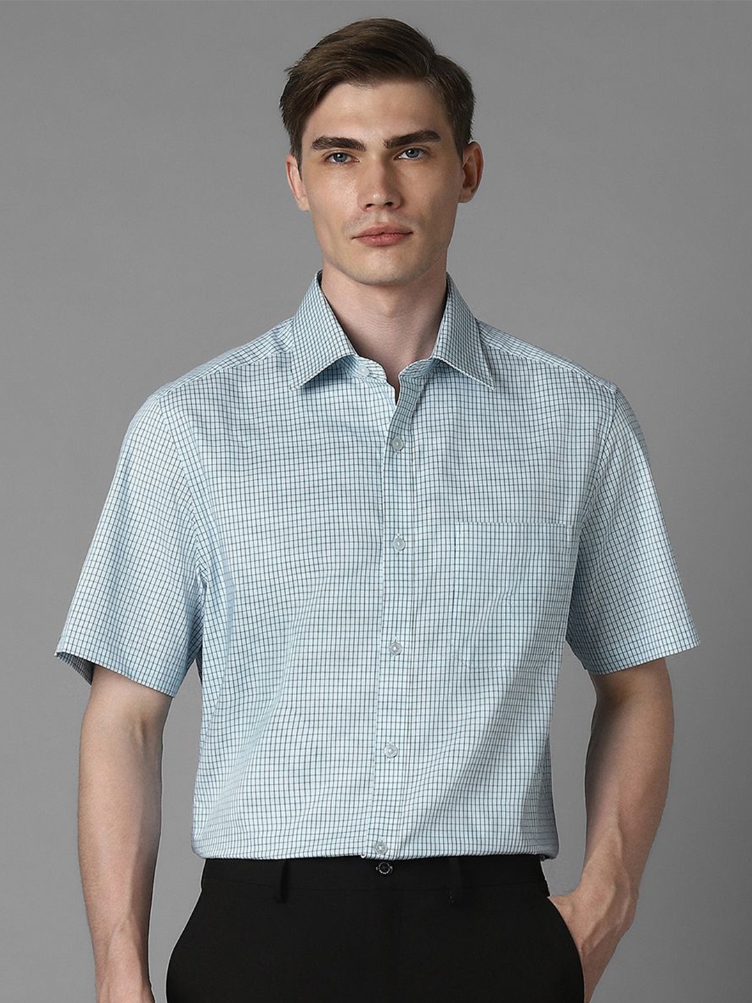 

Louis Philippe Men Grid Tattersall Checked Pure Cotton Formal Shirt, Blue