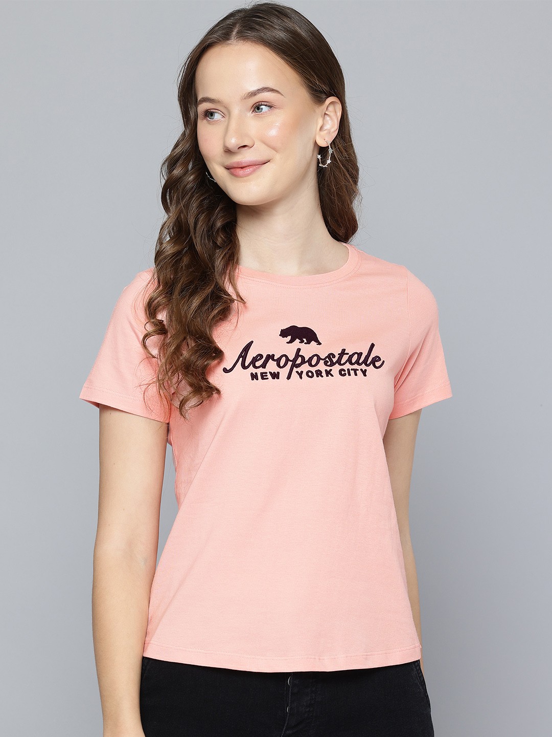 

Aeropostale Brand Logo Embroidered Pure Cotton T-shirt, Peach