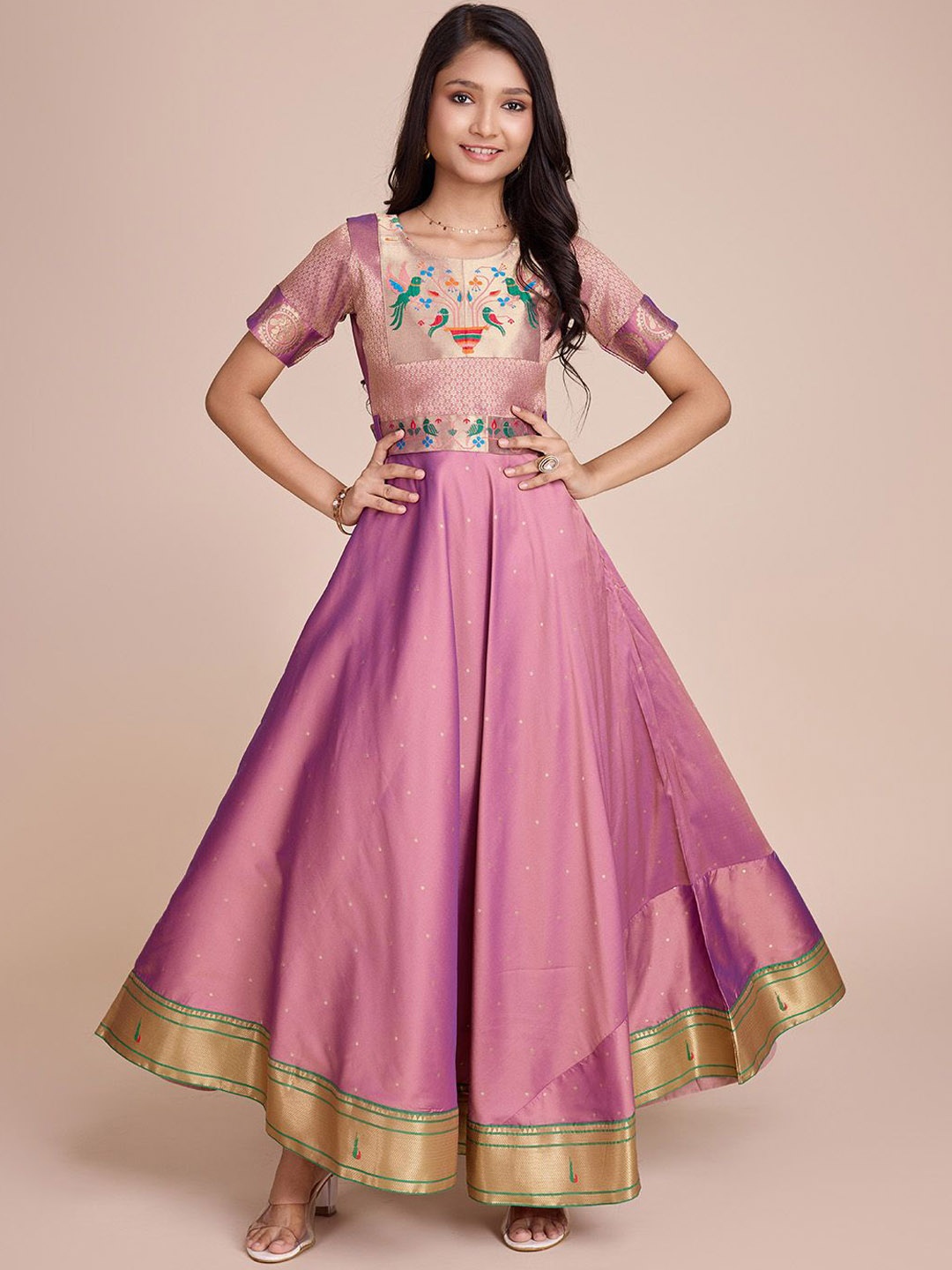 

Tasarika Girls Embroidered Flared Maxi Ethnic Dress, Pink