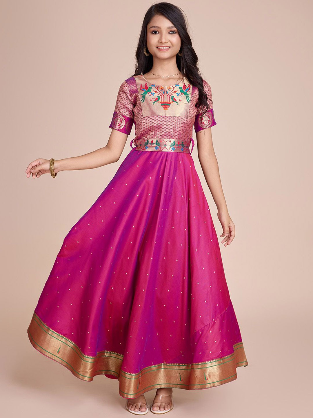 

Tasarika Girls Embroidered Flared Maxi Ethnic Dress, Pink