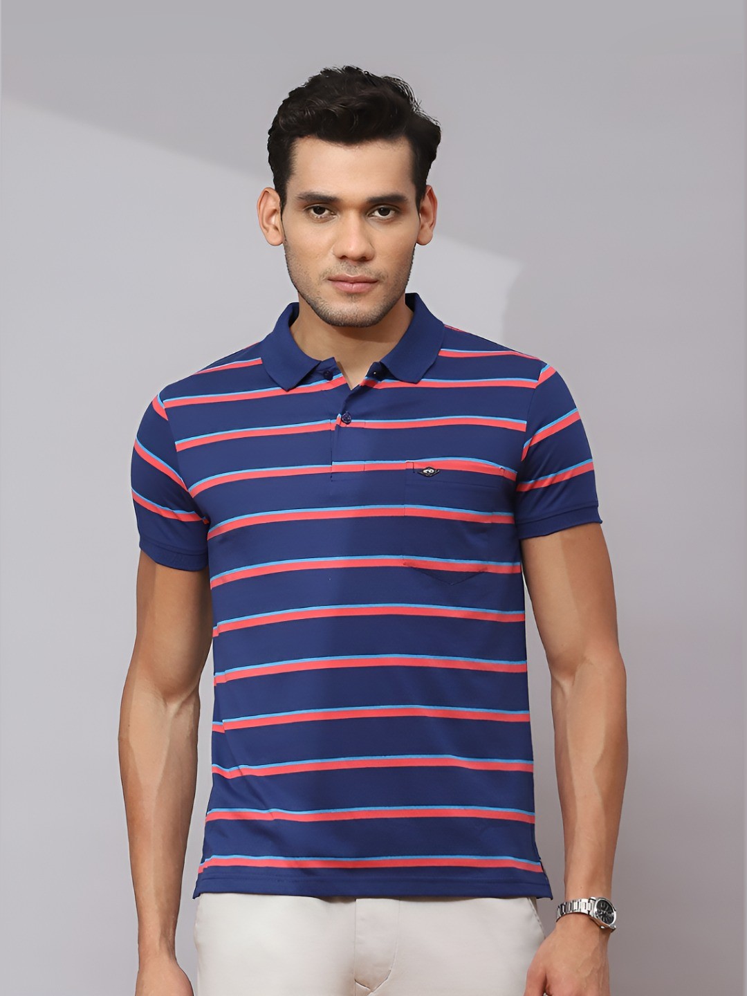 

Cloak & Decker by Monte Carlo Men Striped Polo Collar Pockets T-shirt, Blue