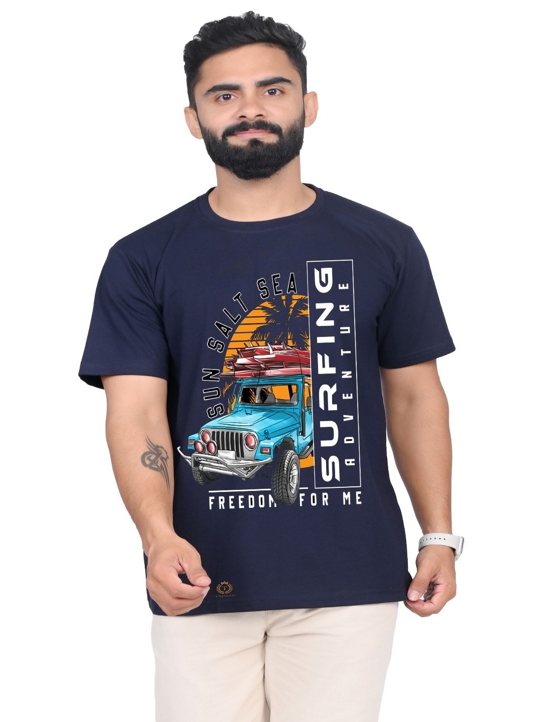 

TAJNAN Men Typography Printed Round Neck T-shirt, Navy blue