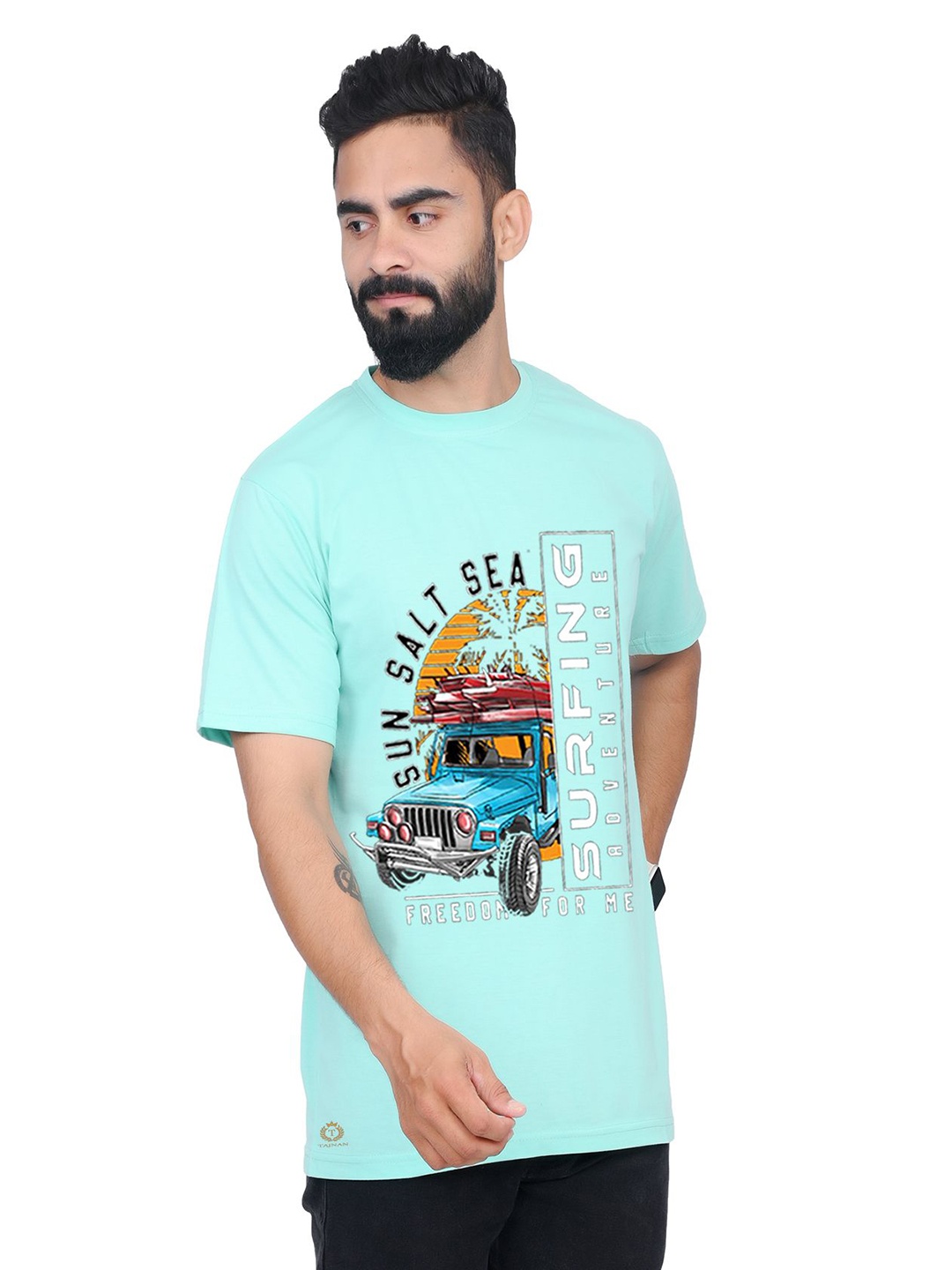 

TAJNAN Men Typography Printed Round Neck T-shirt, Turquoise blue