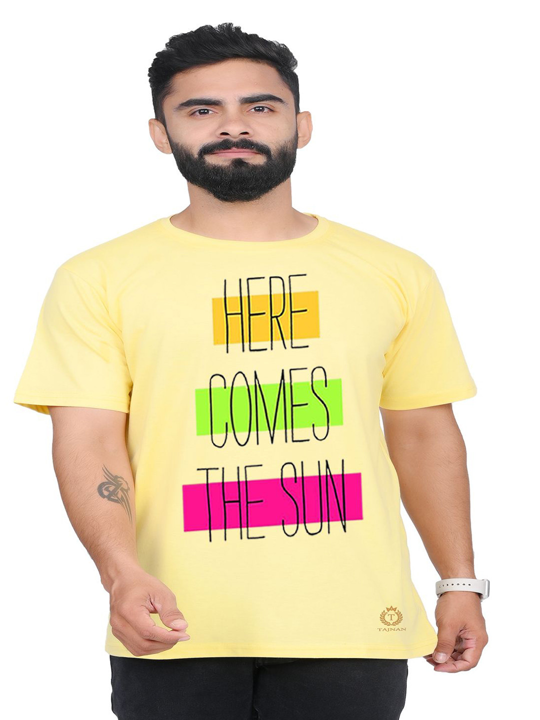 

TAJNAN Men Typography Printed Round Neck T-shirt, Yellow