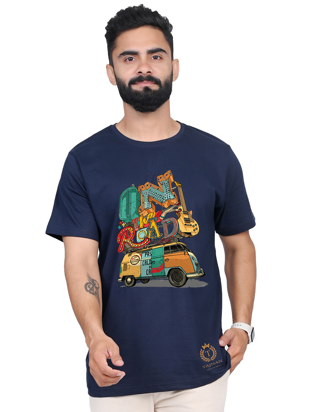 

TAJNAN Men Typography Printed Round Neck T-shirt, Navy blue