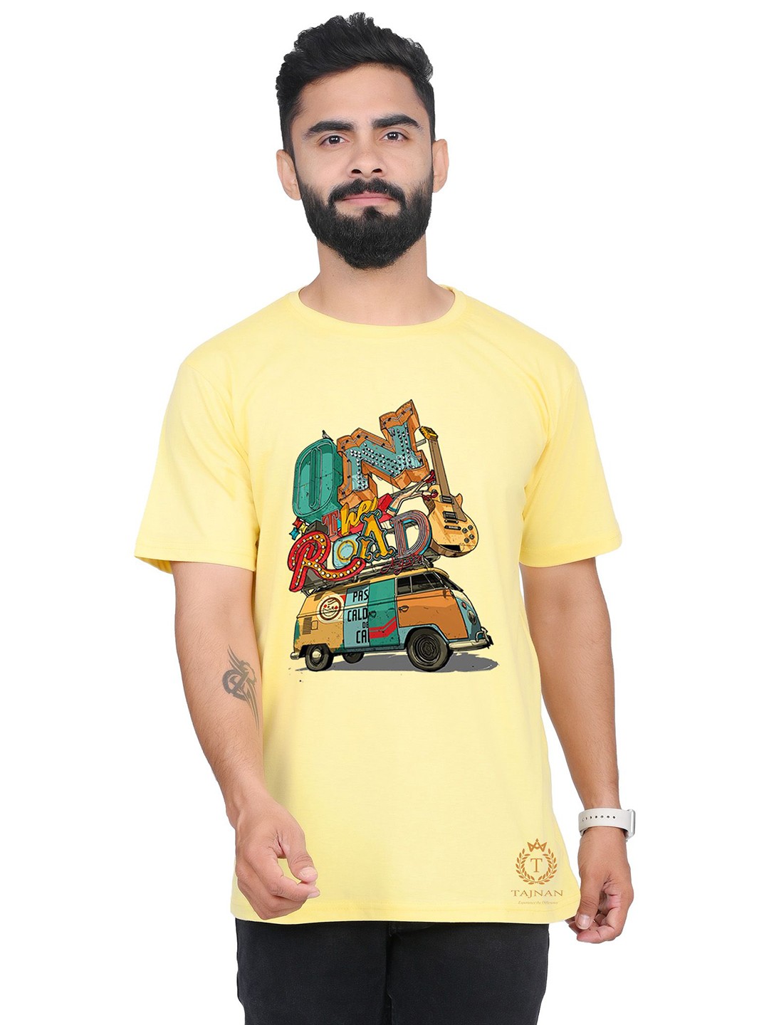

TAJNAN Men Typography Printed Round Neck T-shirt, Yellow
