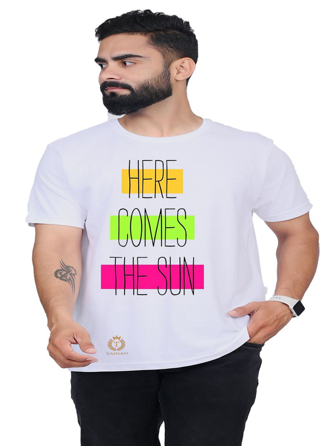 

TAJNAN Men Typography Printed Round Neck T-shirt, White