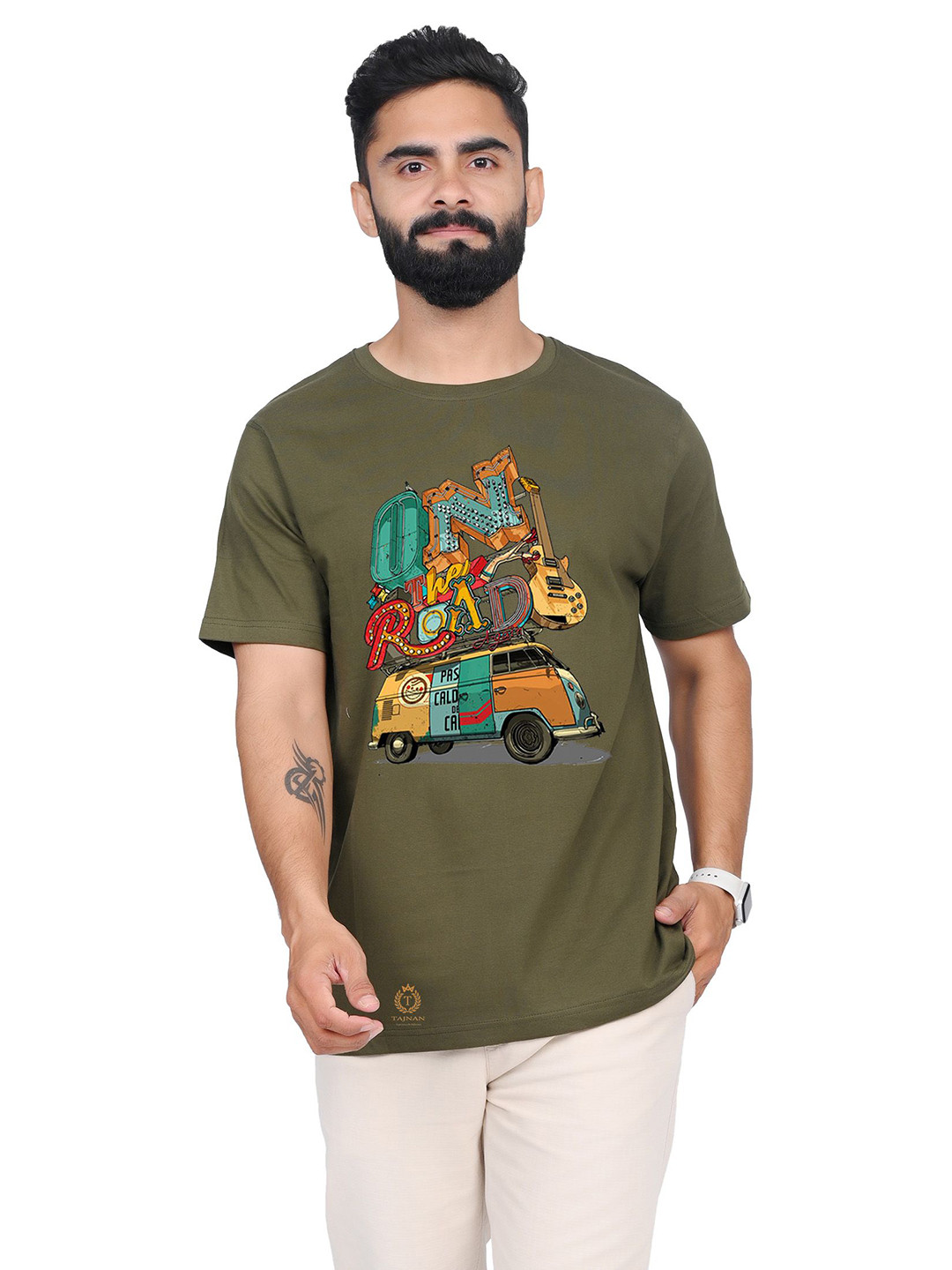 

TAJNAN Men Typography Printed Round Neck T-shirt, Olive