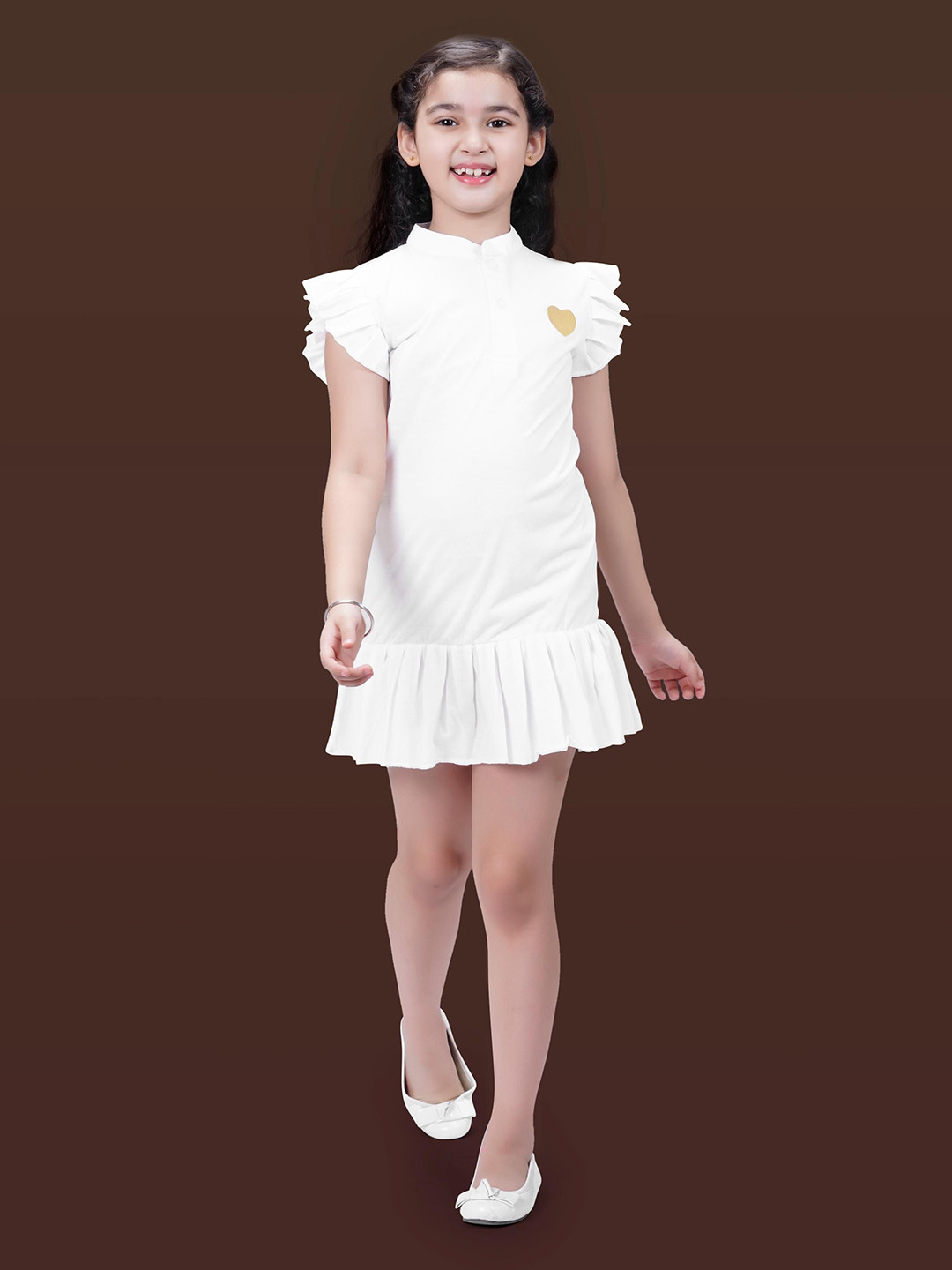 

BAESD Girls Band Collar Flutter sleeve Drop Waist Dress, White