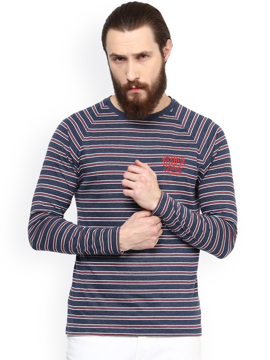 

Wear Your Mind Men Navy Blue Striped Round Neck T-shirt