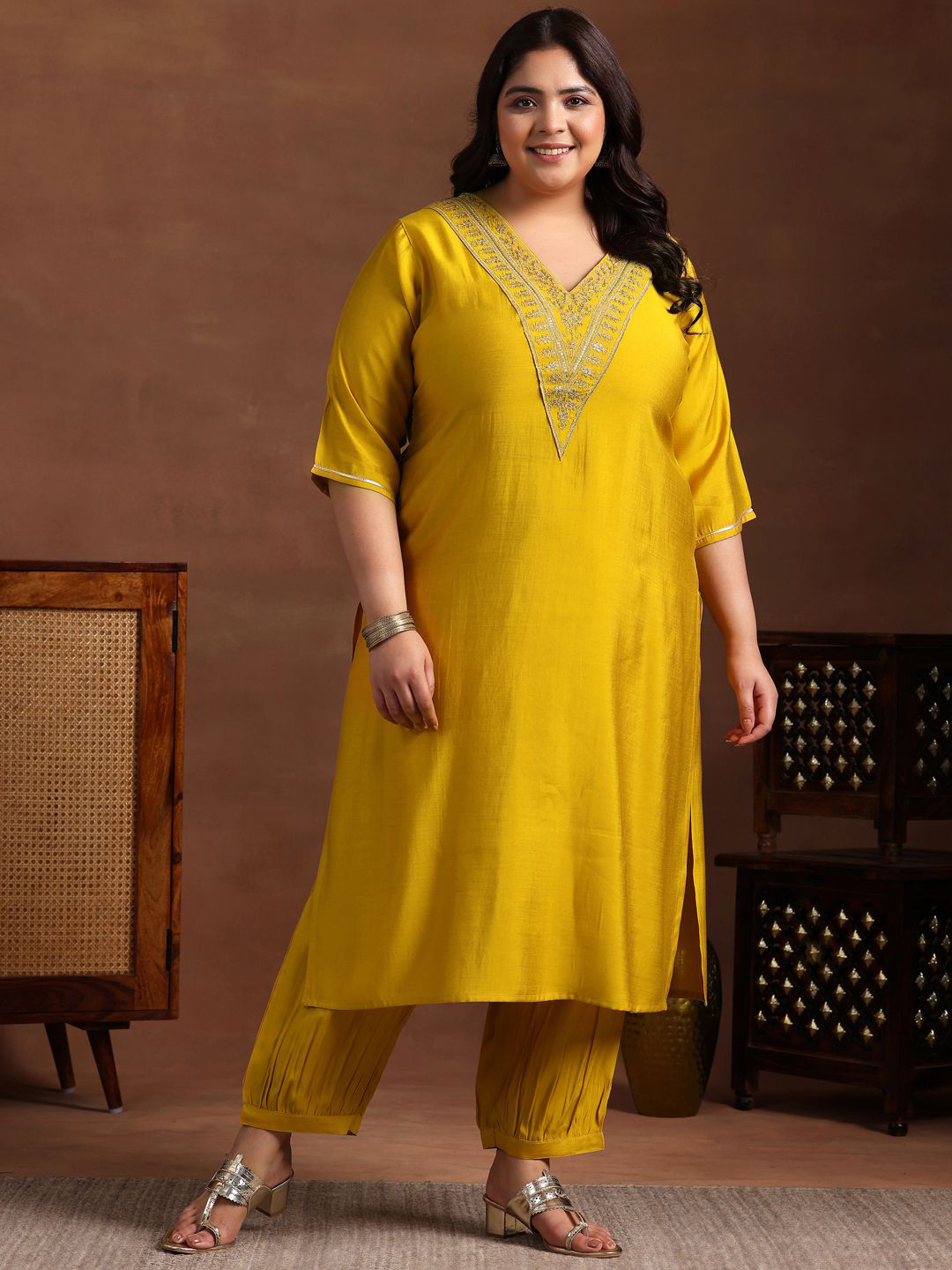 

EXTRA LOVE BY LIBAS Plus Size Floral Yoke Designed Sequined Pure Cotton Kurta with Salwar, Yellow