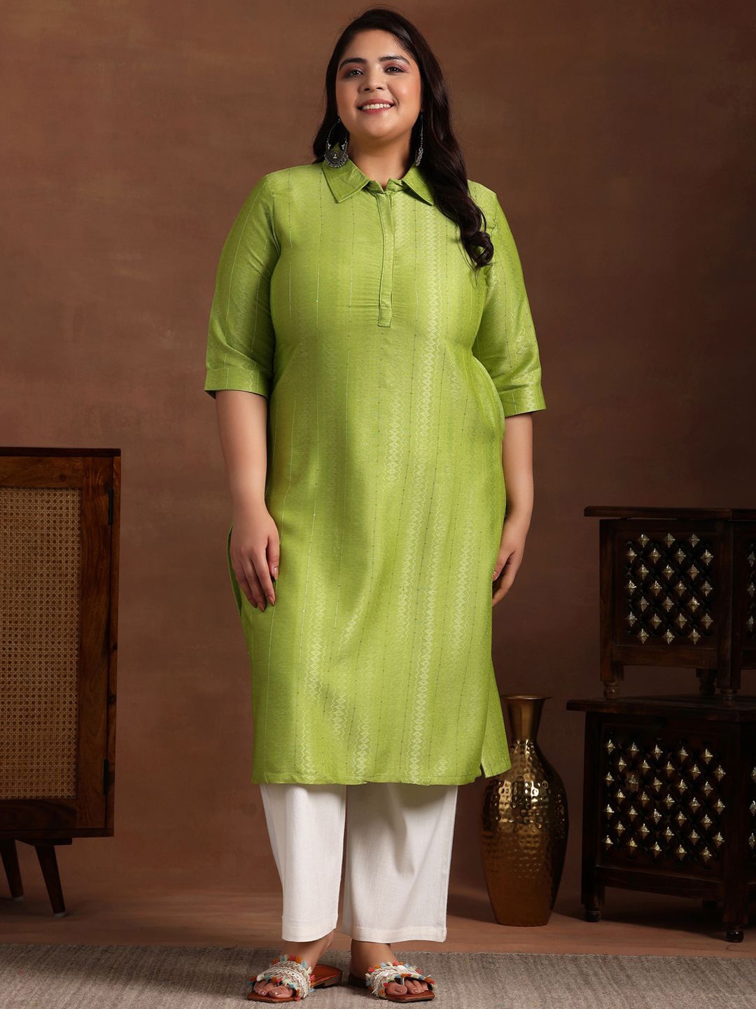 

EXTRA LOVE BY LIBAS Plus Size Floral Woven Design Shirt Collar Straight Kurta, Green