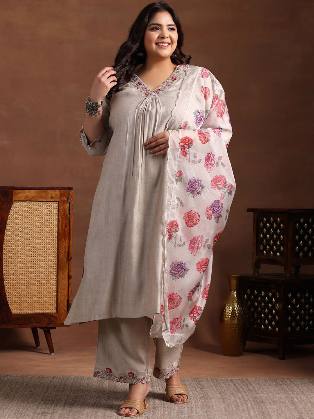 

EXTRA LOVE BY LIBAS Plus Size Floral Yoke Designed Pleated Kurta with Trouser & Dupatta, Beige
