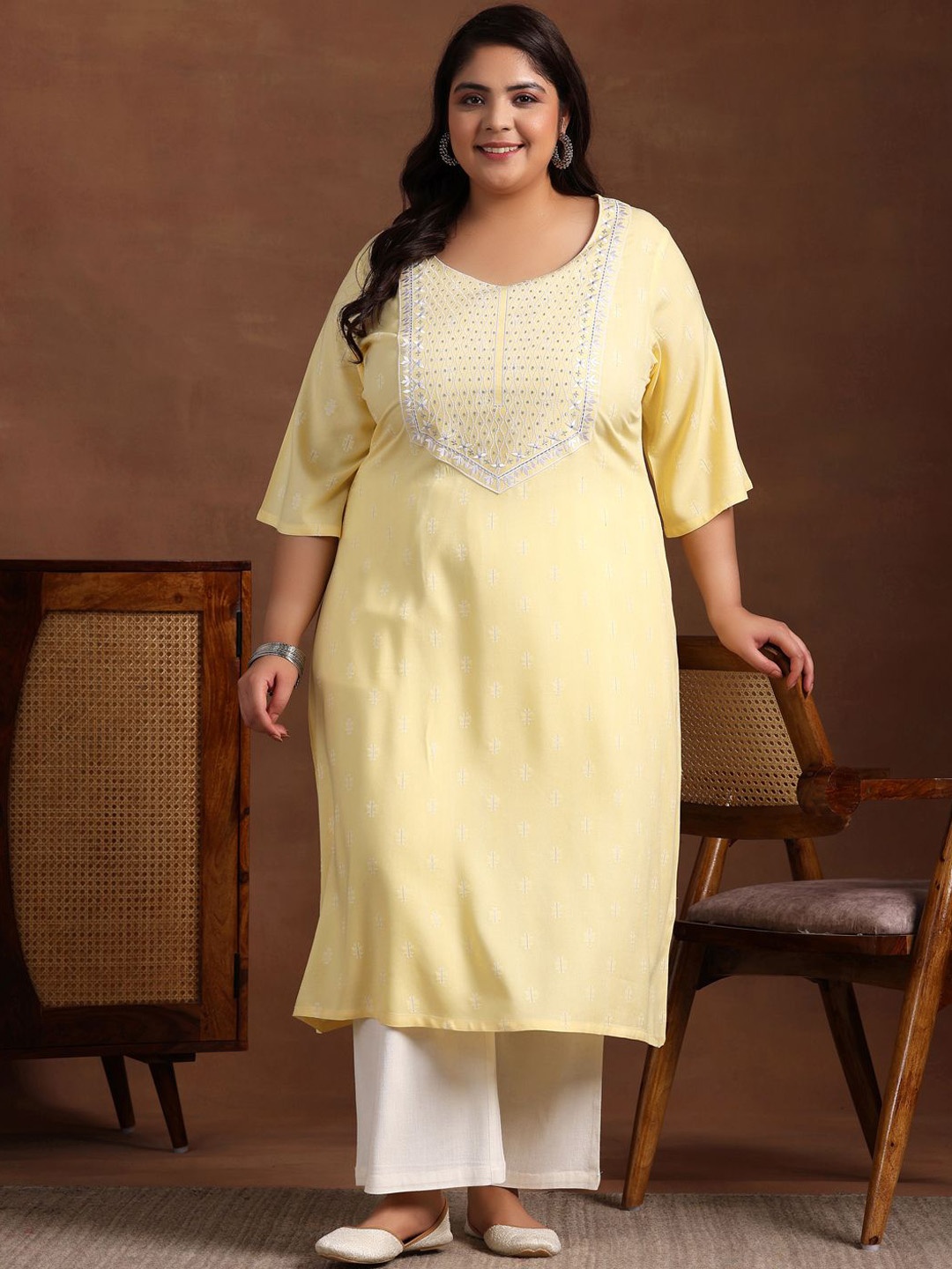 

EXTRA LOVE BY LIBAS Plus Size Ethnic Motifs Printed Thread Work Jacquard Straight Kurta, Yellow